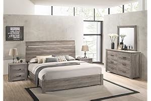Roundhill Furniture Floren Contemporary Weathered Gray Wood Bedroom Set, King Panel Bed, Dresser, Mirror, Two Nightstands