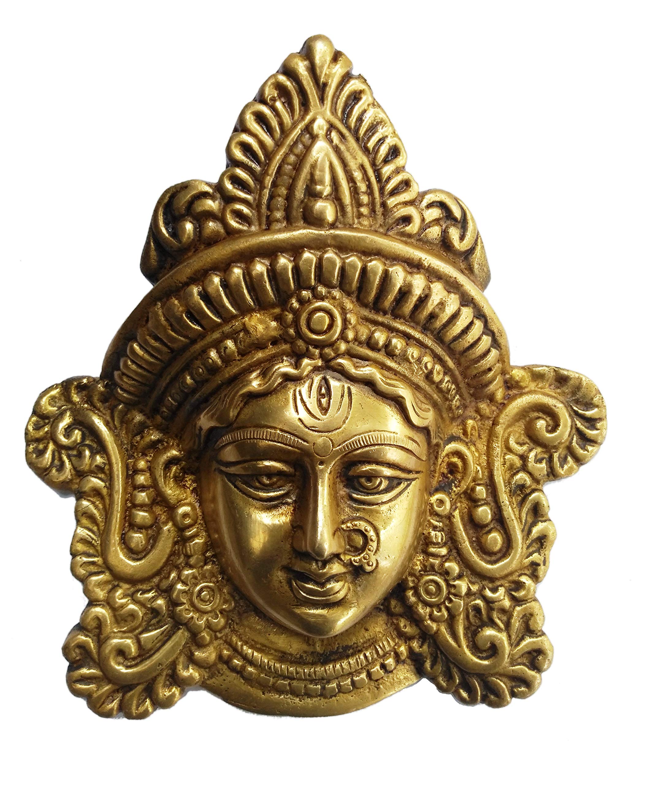 Purpledip Brass Statue Goddess Durga: Wall Hanging Face Mask (11433)