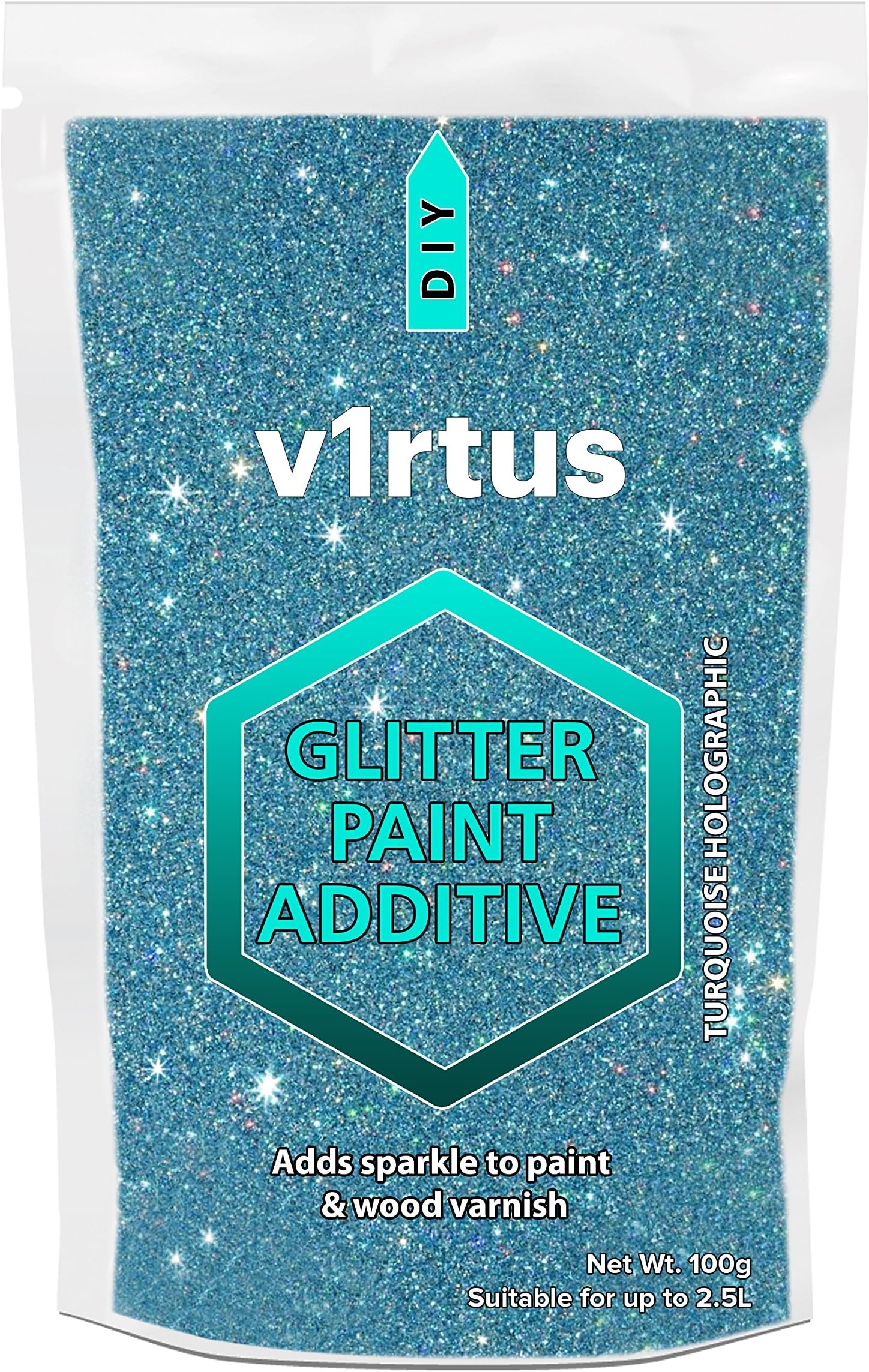 v1rtus Turquoise Holographic Glitter Paint Crystal Additive 100g for Emulsion Paint - for use with Interior/Exterior Wall, Ceiling, Wood, Metal, Varnish, Dead Flat, Matt, Soft Sheen or Silk
