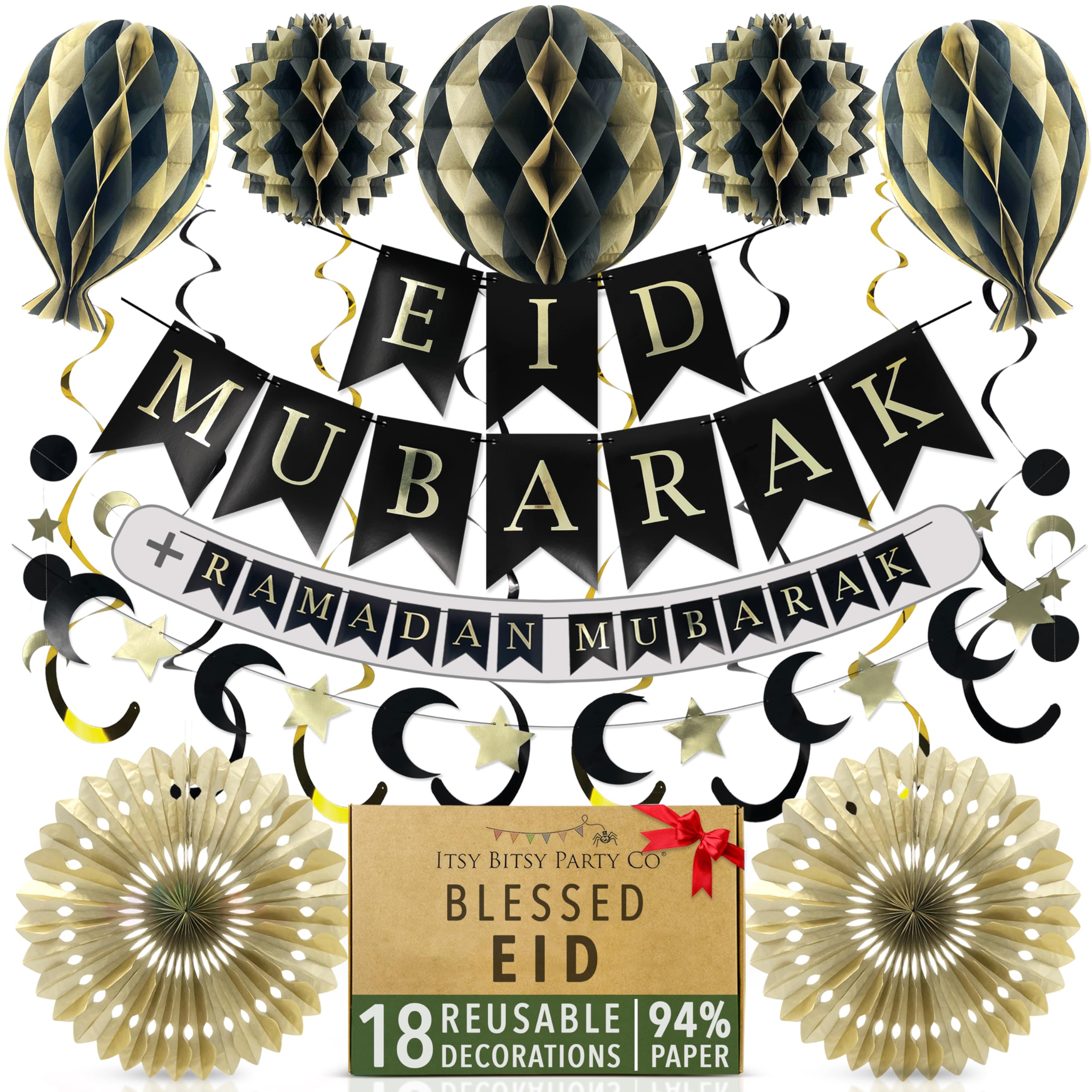 Premium Reusable Eid Decorations for Home - Ramadan Decorations - 3-in-1 Banner spells Eid Mubarak, Ramadan Mubarak & Ramdan Kareem - Fast Assembly with Velcro (Black & Gold)