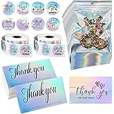 1130Pcs Thank Cards and Stickers Set with Resealable Packaging Bag Thank Gold Foil Stickers, Thank You for Supporting My Small Business Greeting Cards for Retail Store Owner Goods Customer(Holographic)