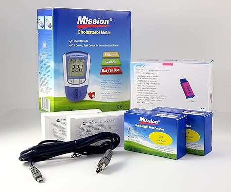 Cholesterin Messgerät 4in1 + 10 Cholesterin Streifen + 100 Mission Capillary Transfer Tubes + 100 Sterile Lancets + Mission K