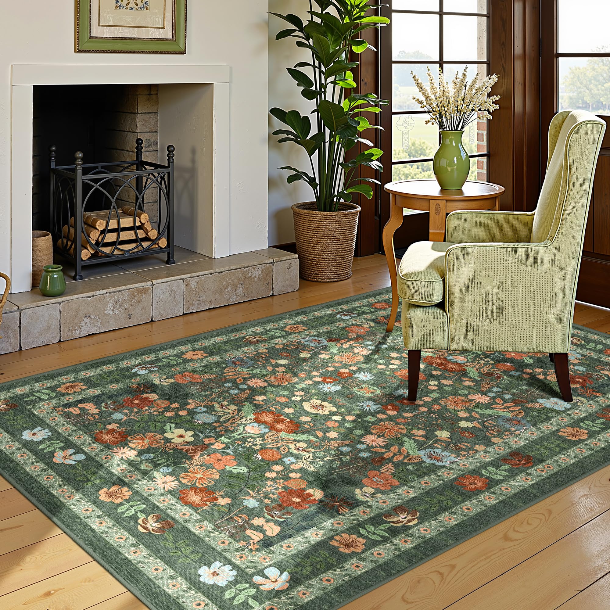 Photo 1 of Green Floral Area Rugs 4x6 Washable Living Room Bedroom Carpet - Vintage Boho Thin Non-Slip Soft Low Pile Floor Mat Indoor Home Decor for Dining Room Playroom Farmhouse, Green/Multi