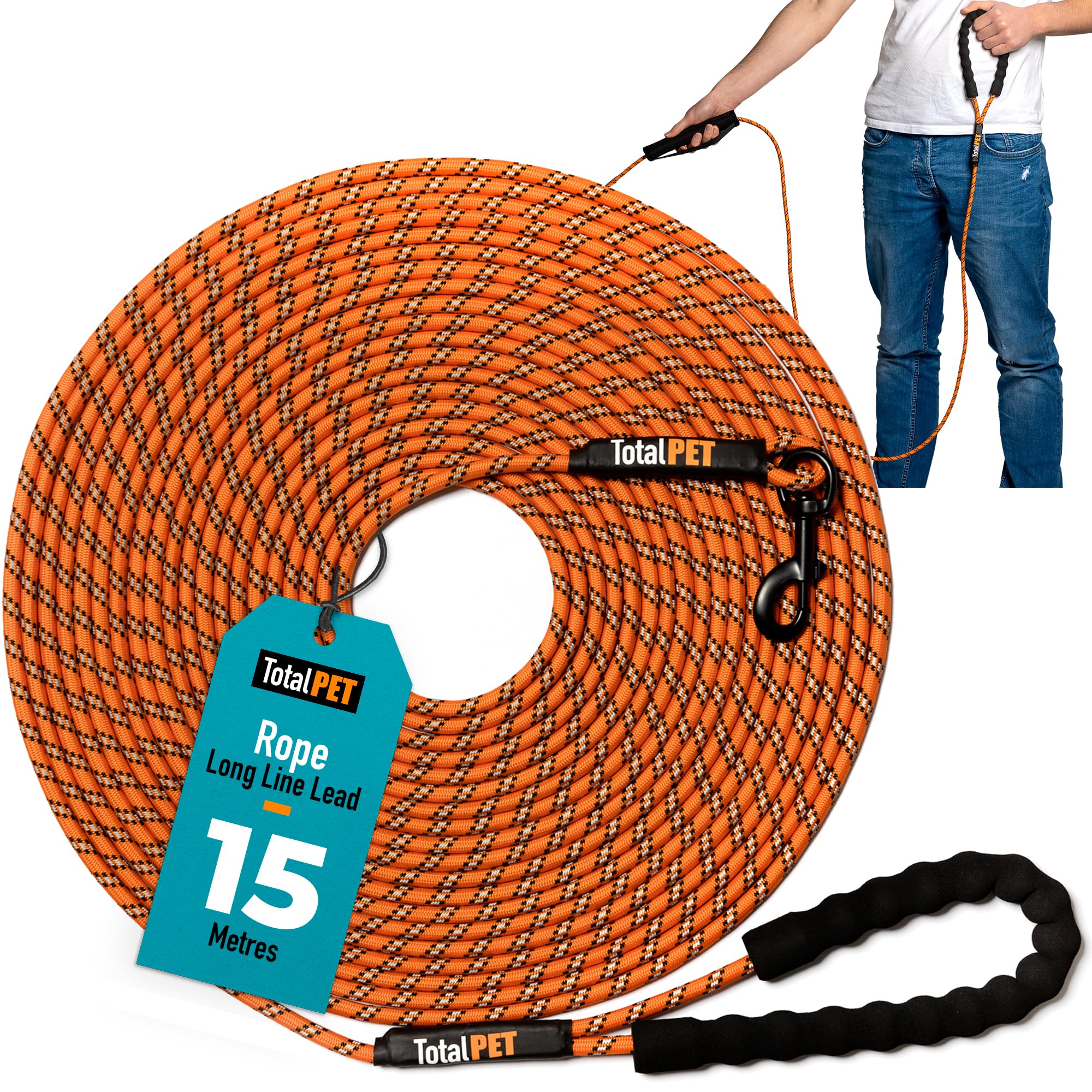 Total Pet Rope Training Lead for Dogs - Long Line Dog Lead for Training Recall & Commands at Distance W/Control Handle (15m)
