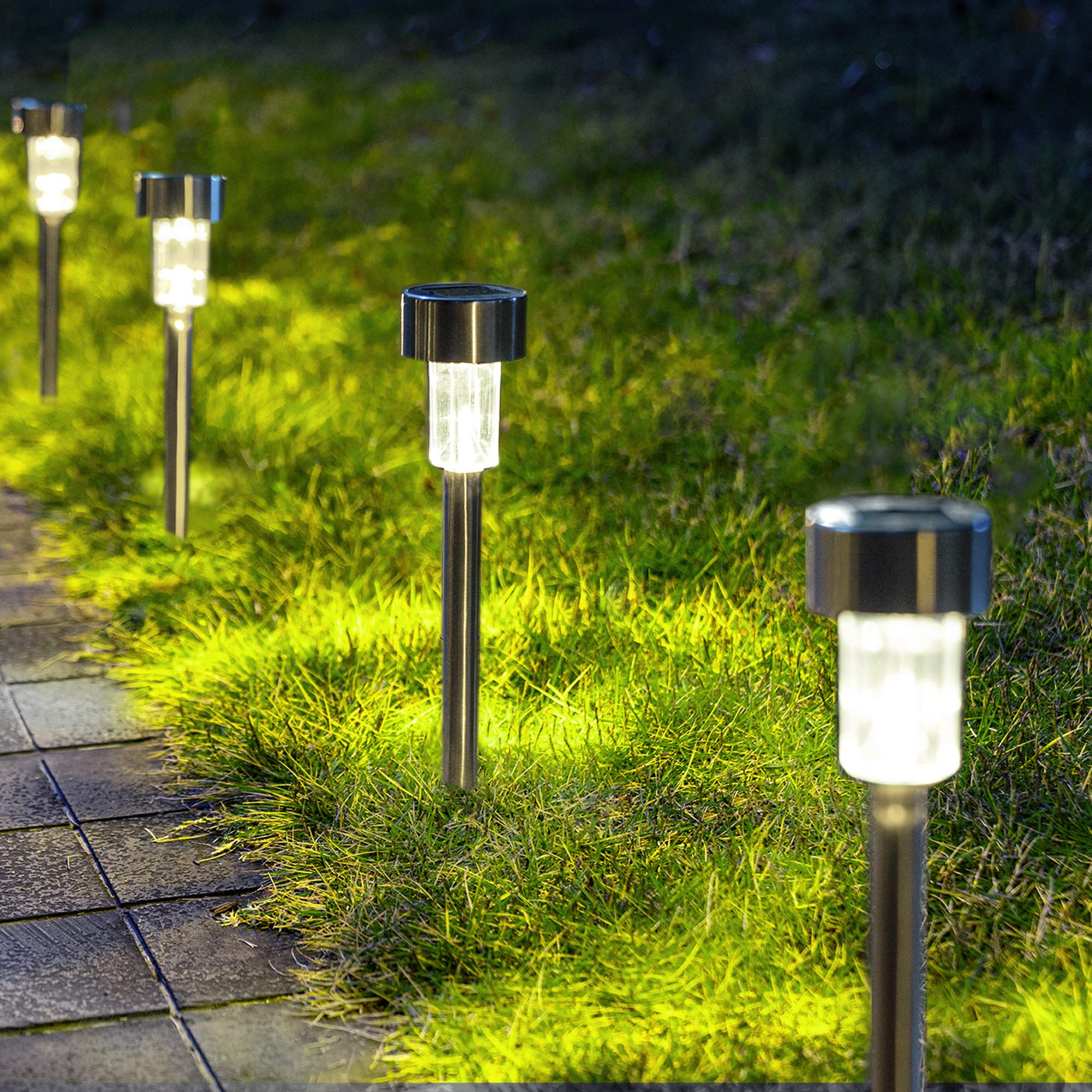 Photo 1 of GIGALUMI Solar Pathway Lights 12 Pack, Stainless Steel IP44 Waterproof Auto On/Off Outdoor LED Pathway Landscape Solar Lights for Garden, Yard, Patio, Path and Walkway. (Cold White)