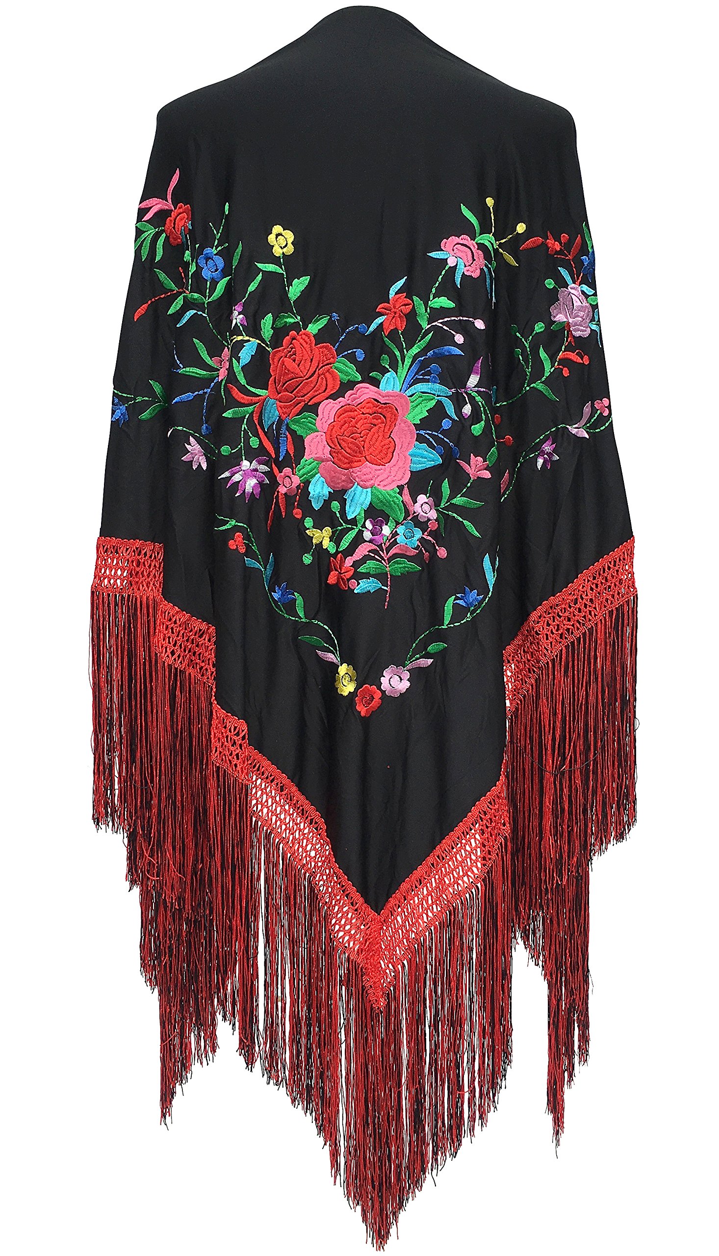 La Senorita Spanish Flamenco Dance Shawl Black with various colored flowers Double Fringes Large