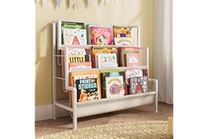 Aokitsink Kids Bookshelf,Bookshelf for Kid with Three Deep Pockets,Toddler Bookcases,3-Tier Montessori Bookcases,Narrow Metal-Book Shelf for Kids Rooms,Bedroom,Playroom