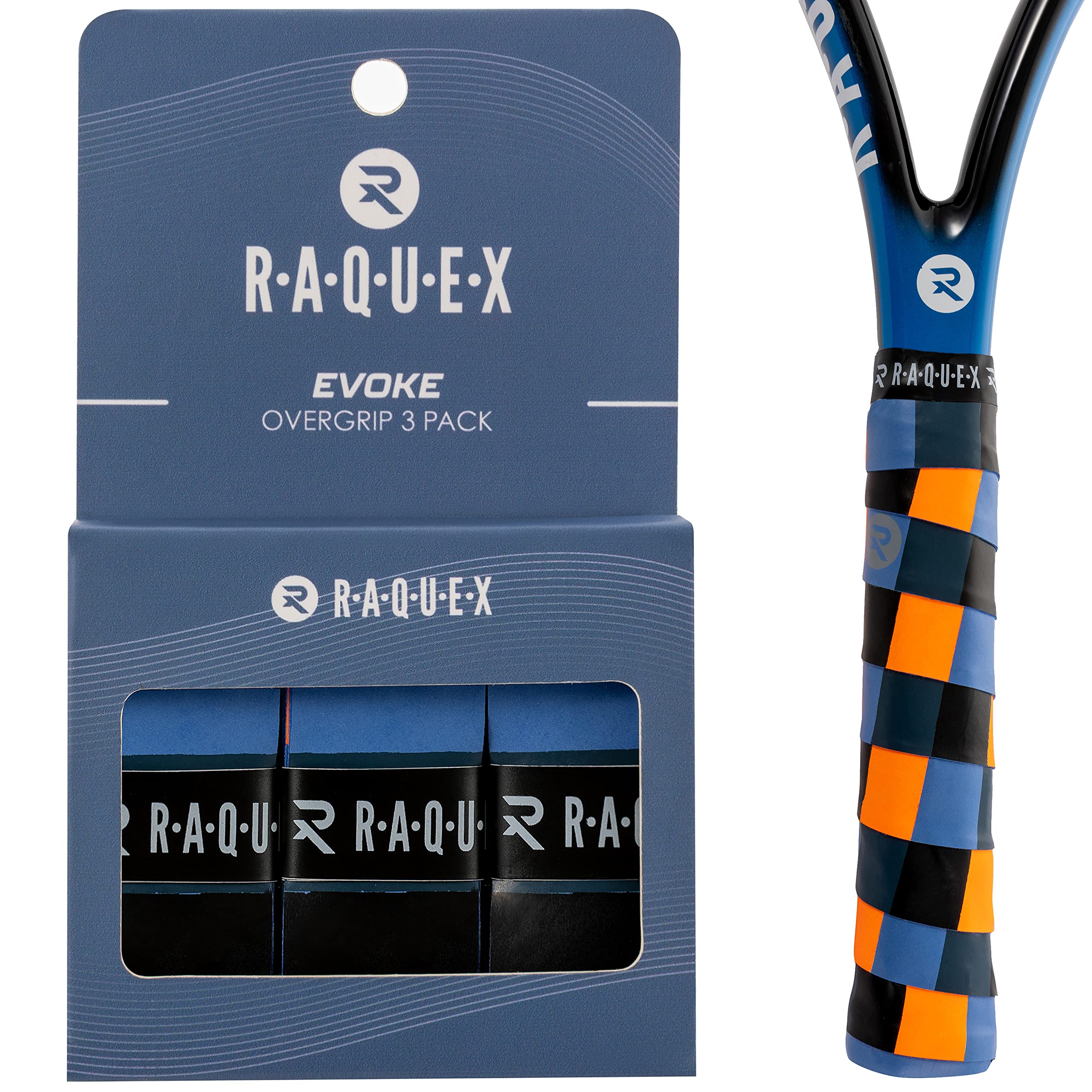 Raquex Evoke Overgrip Tape 3 Pack - Tennis Racket Grip Tapes - Racquet Anti Slip Tape Overgrip for Tennis Rackets, Badminton and Squash. British Designs, Finishing Tape Included (Stripes)