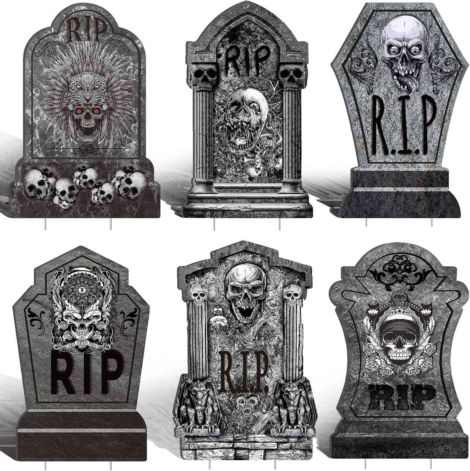 Yard Signs - ATFUNSHOP Halloween Tombstones Decor Graveyard Decorations with Metal Stakes 17'' 6PCS Outdoor Halloween Yard Decorations Gravestone Headstone Signs for Yard Lawn Garden