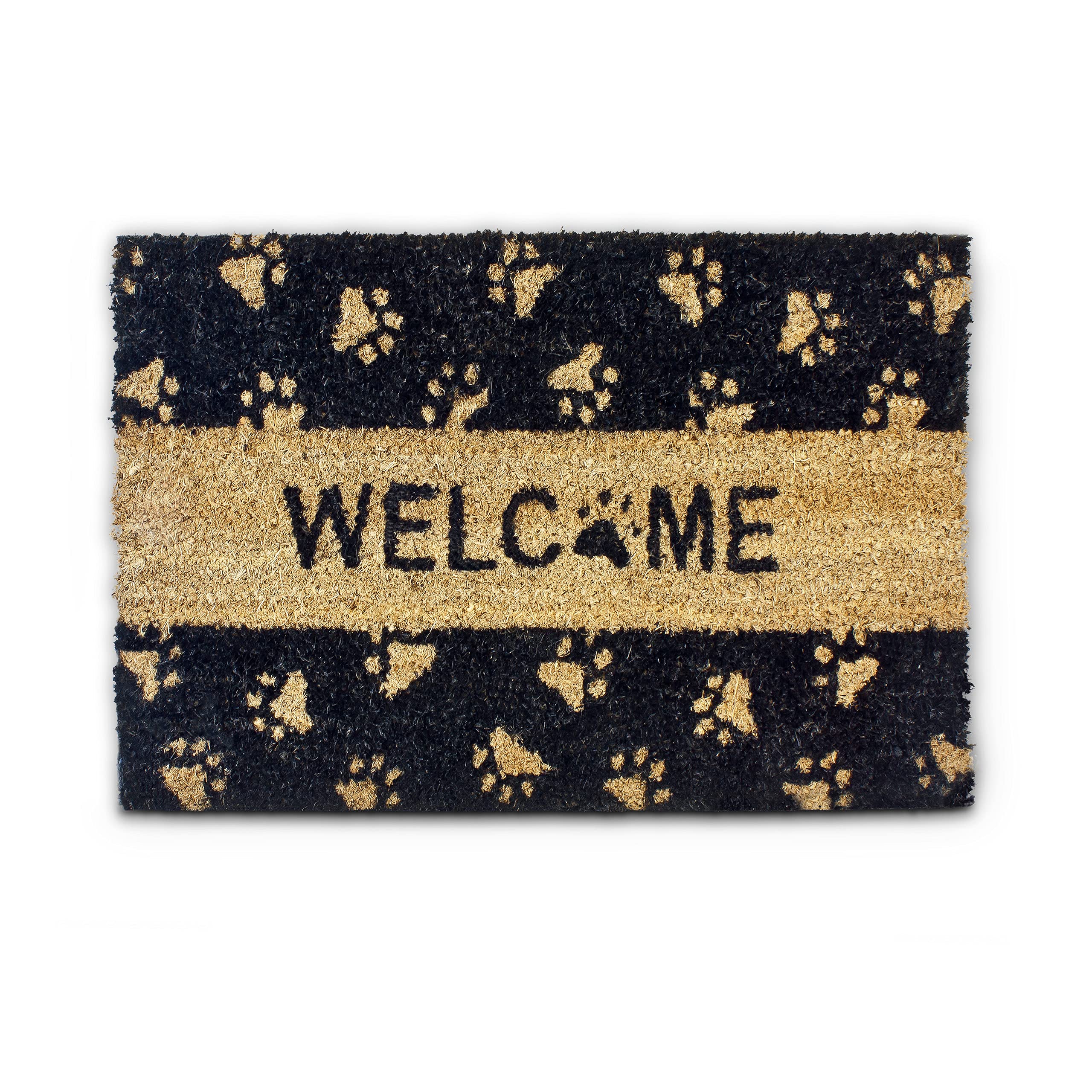 Relaxdays Natural Coconut Fibre Paw Print Doormat 40 x 60 cm Coir Welcome Mat Anti-Slip PVC Rubber Underside, Black