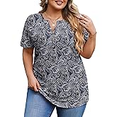 IN'VOLAND Womens Plus Size Tops V Neck Button Down Tshirts Short Sleeve Dressy Casual Tunic Blouses Summer Outfits 1X-5X