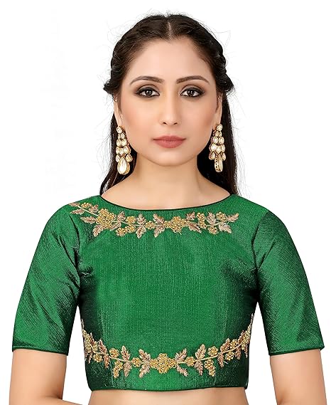 Semi Stitched Raw Silk Blouse With Hand Work (Front And Back) Colour :BGreen Size 38+4 inches extra margin