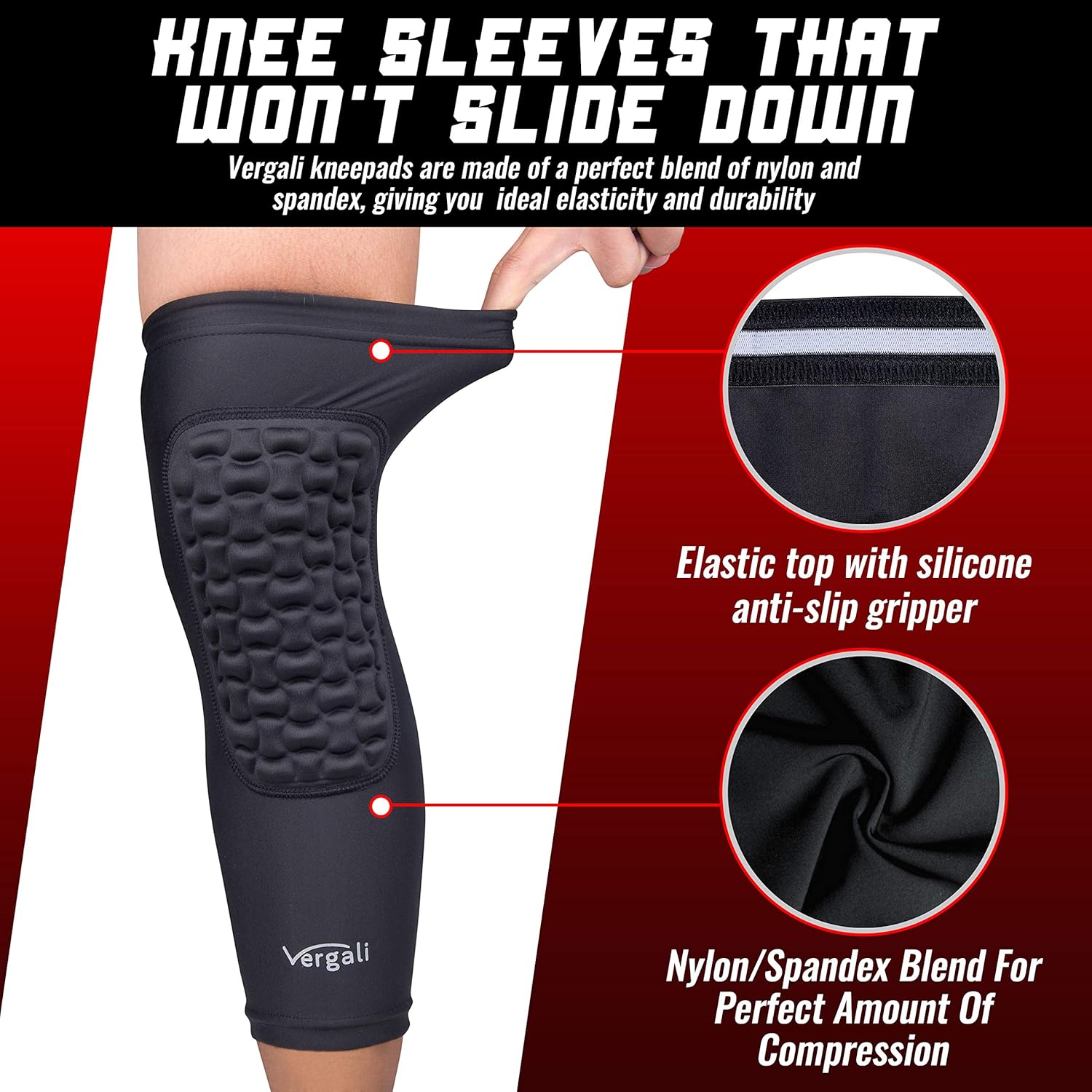 Vergali Basketball and Wrestling Knee Pads for Youth and Adult (Set of 2). Durable Padded Knee Sleeve Design Contours Around Knee to Protect Your Leg. Perfect Compression for Boys, Girls, Men, Women : Sports & Outdoors