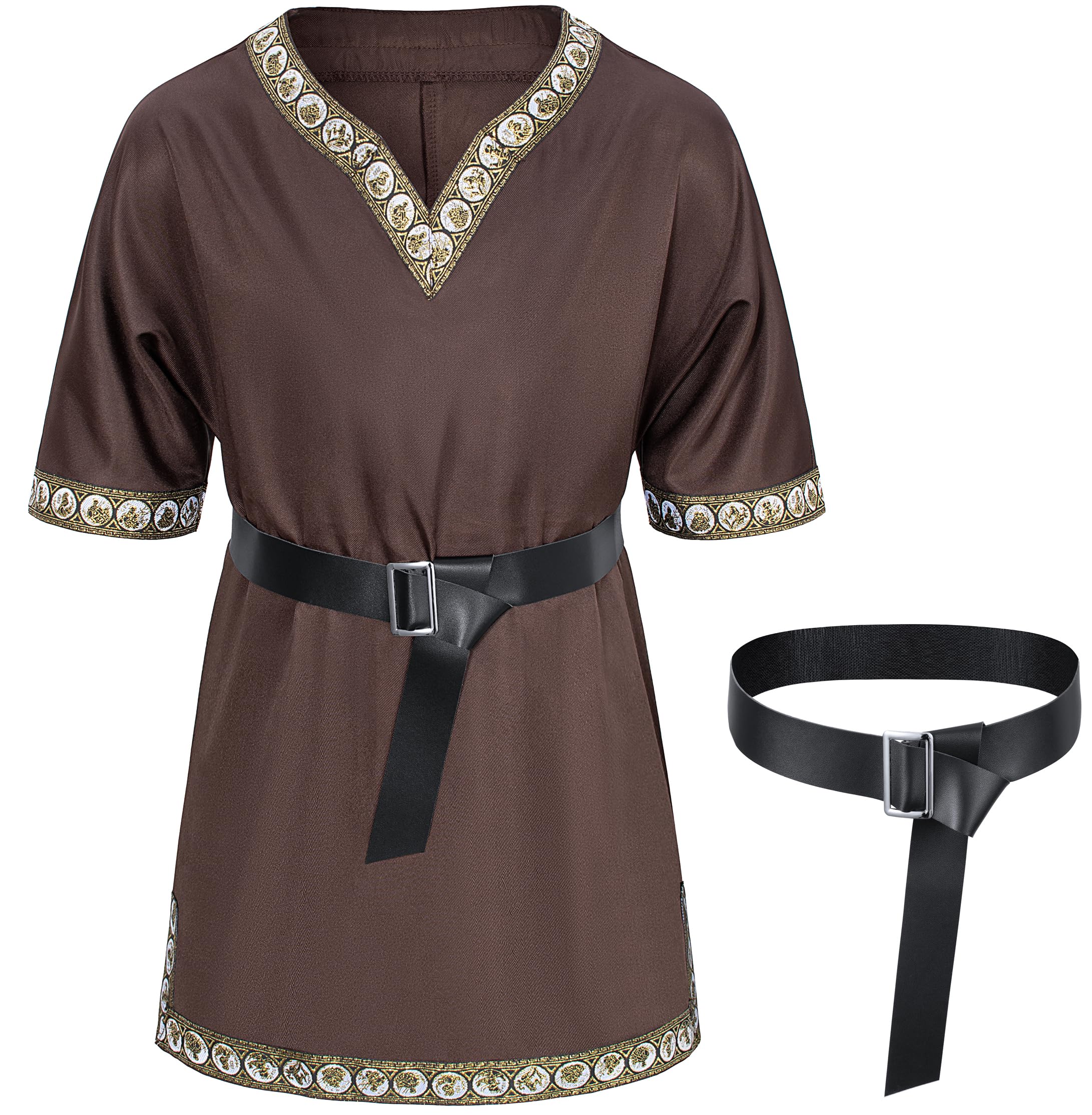 Kids Medieval Costume Boys Viking Tunic Knight Warrior Renaissance Shirts with Belt 3-4T Brown