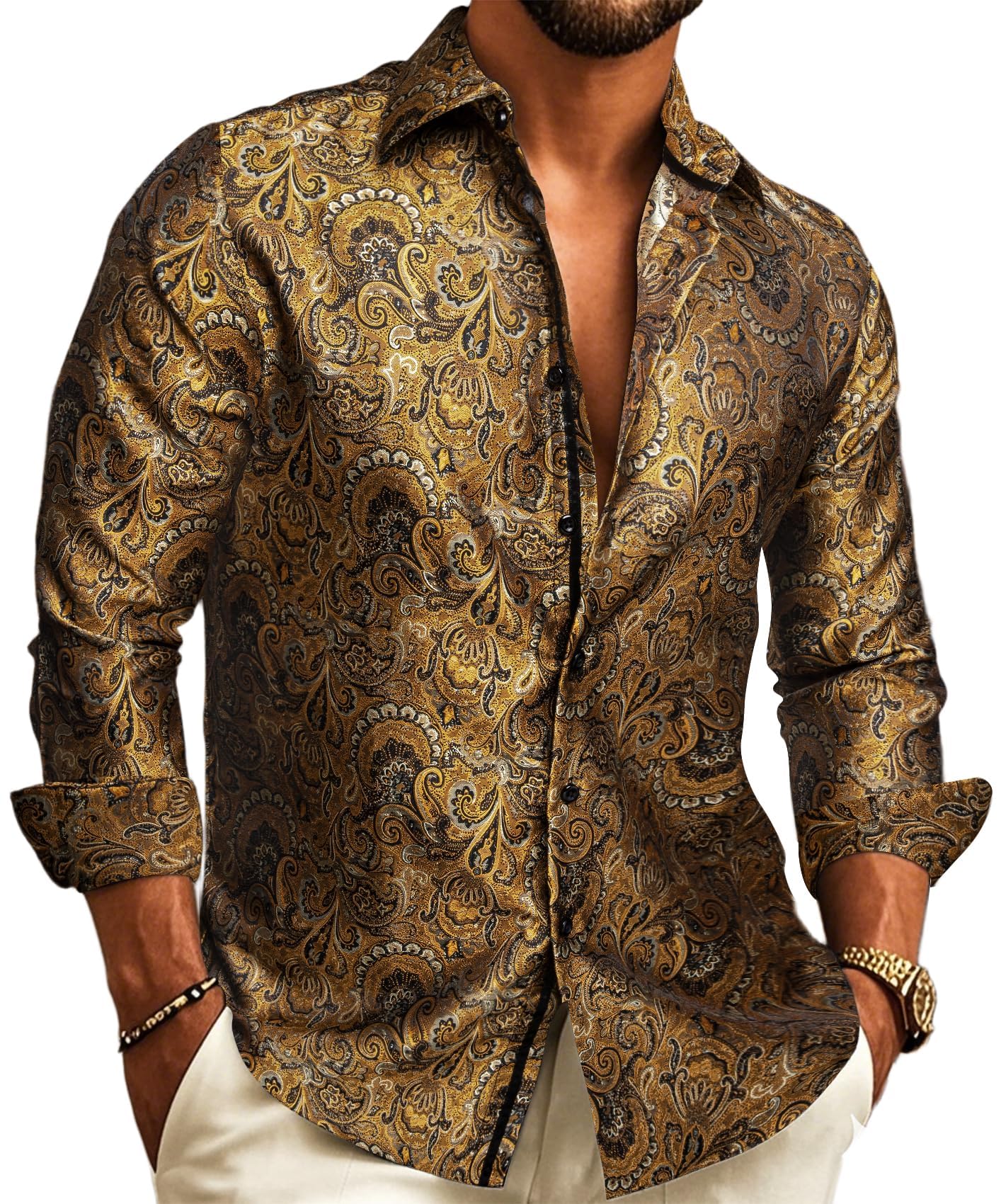 Barry.Wang Gold Men Shirt Silk Paisley Long Sleeve Button Down Dress Shirt Vintage Cowboy Casual Western Designer Mexico Image