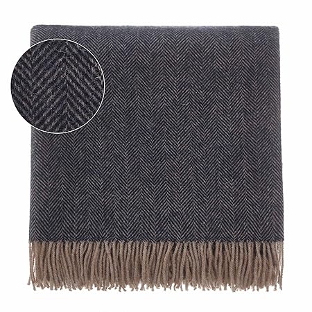 URBANARA Alpakadecke CORCOVADO - 100% reine Alpaka-und Merinowolle, Wolldecke mit Fischgratmuster und Fransen - 130 x 170 cm,