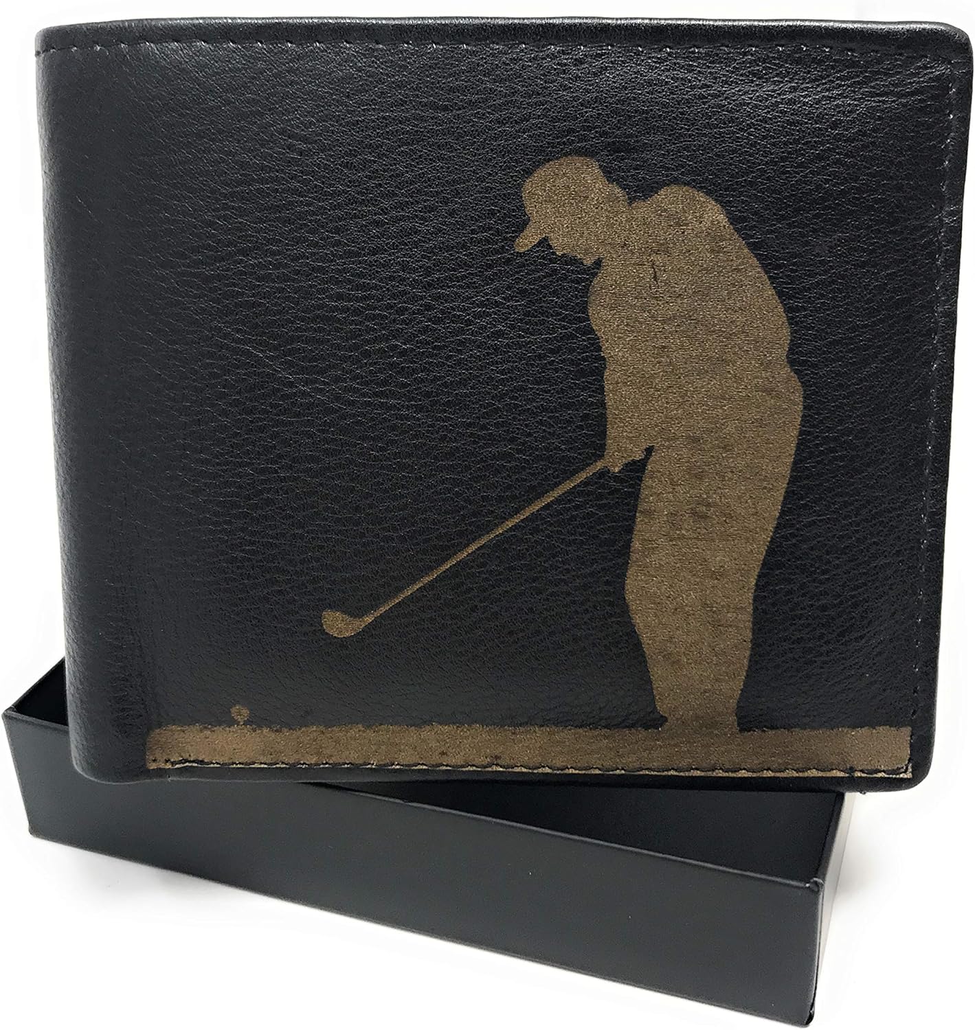 Luxury Engraved Black Leather Mens Card Wallet with Golf Image with