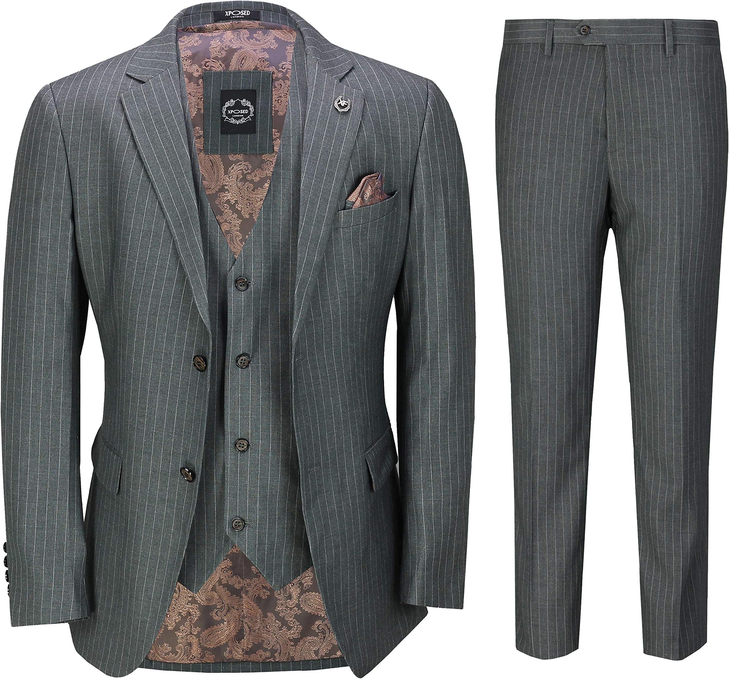 XposedMens Classic 3 Piece Pin Stripe Grey Suit Retro 1920s Tailored Fit