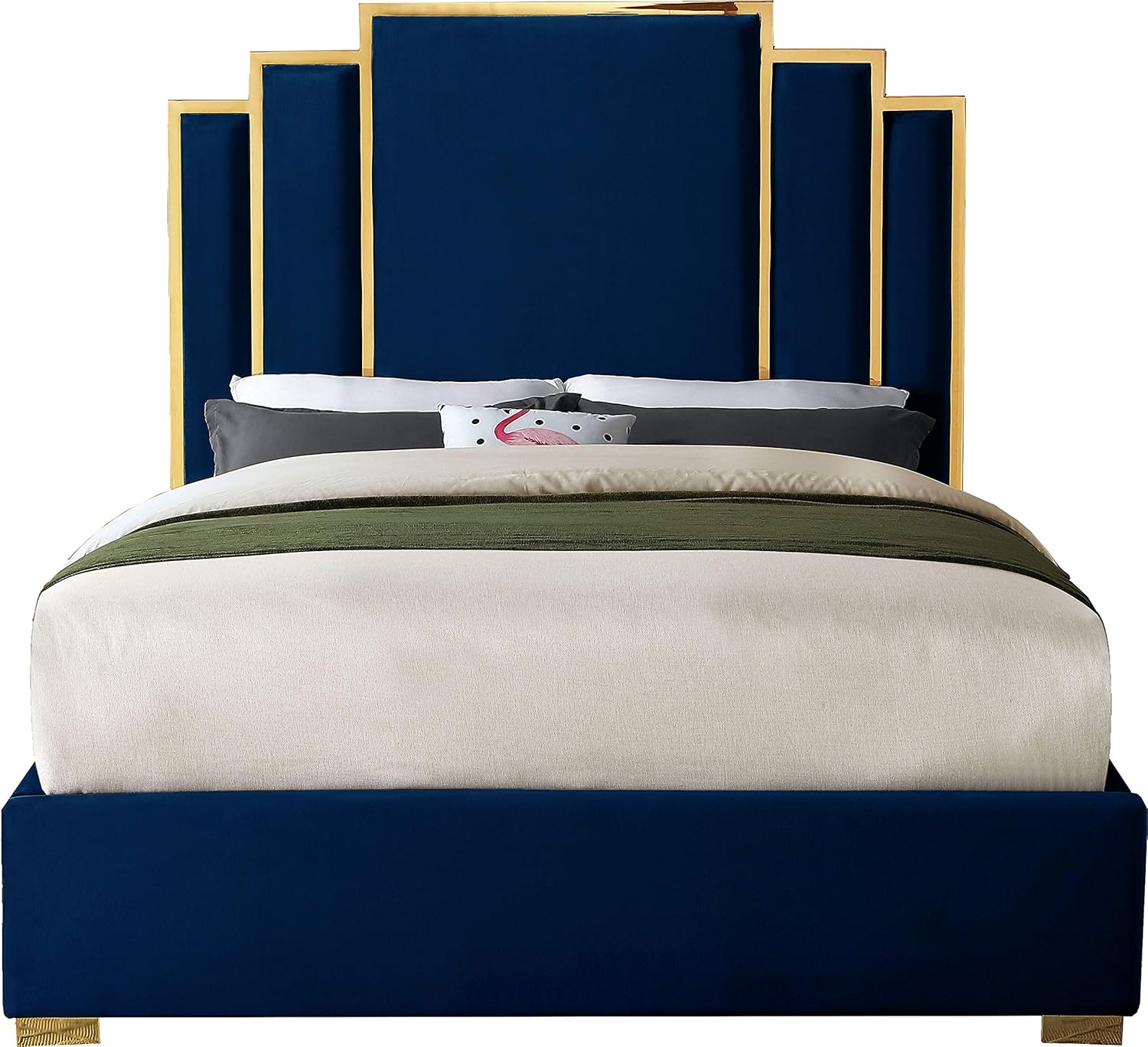 Meridian Furniture HugoNavy-K Hugo Collection Modern | Contemporary Velvet Upholstered Bed with Polished Gold Metal Frame and Legs, King, Navy
