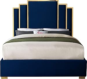 Meridian Furniture HugoNavy-K Hugo Collection Modern | Contemporary Velvet Upholstered Bed with Polished Gold Metal Frame and Legs, King, Navy