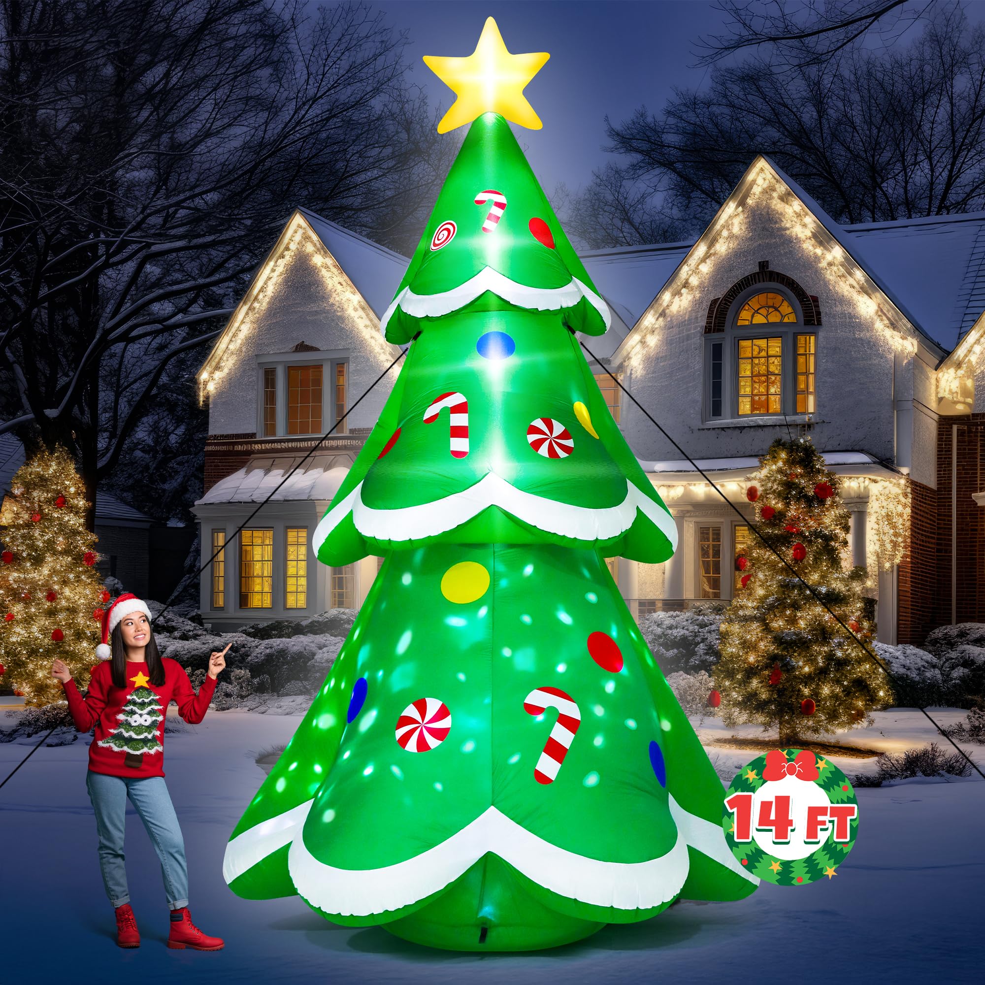 Photo 1 of 14FT Christmas Inflatable Decorations, Giant Blow Up Xmas Tree, Lighted Up Christmas Tree Inflatables with Rotating Snowflake Lamp, Colorful Yard Decoration for Xmas Holiday Lawn Party