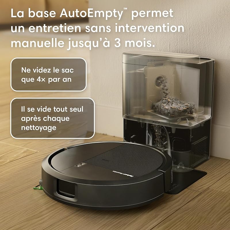 Roomba 115 Combo+Base AutoEmpty - Robot Aspirateur Laveur 2en1 - Puissance d'Aspiration 15KPa - Brosse latérale étendue - Lingette de Lavage déportée - Navigation LiDAR - Noir