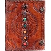 Hell Blues Leather Unlined Bound Journal 13" x 10" Large 7-Stone Diary | Large, Chakra Medieval Embossed Handmade Sketchbook Vintage Writing Notepad (200 Pages)