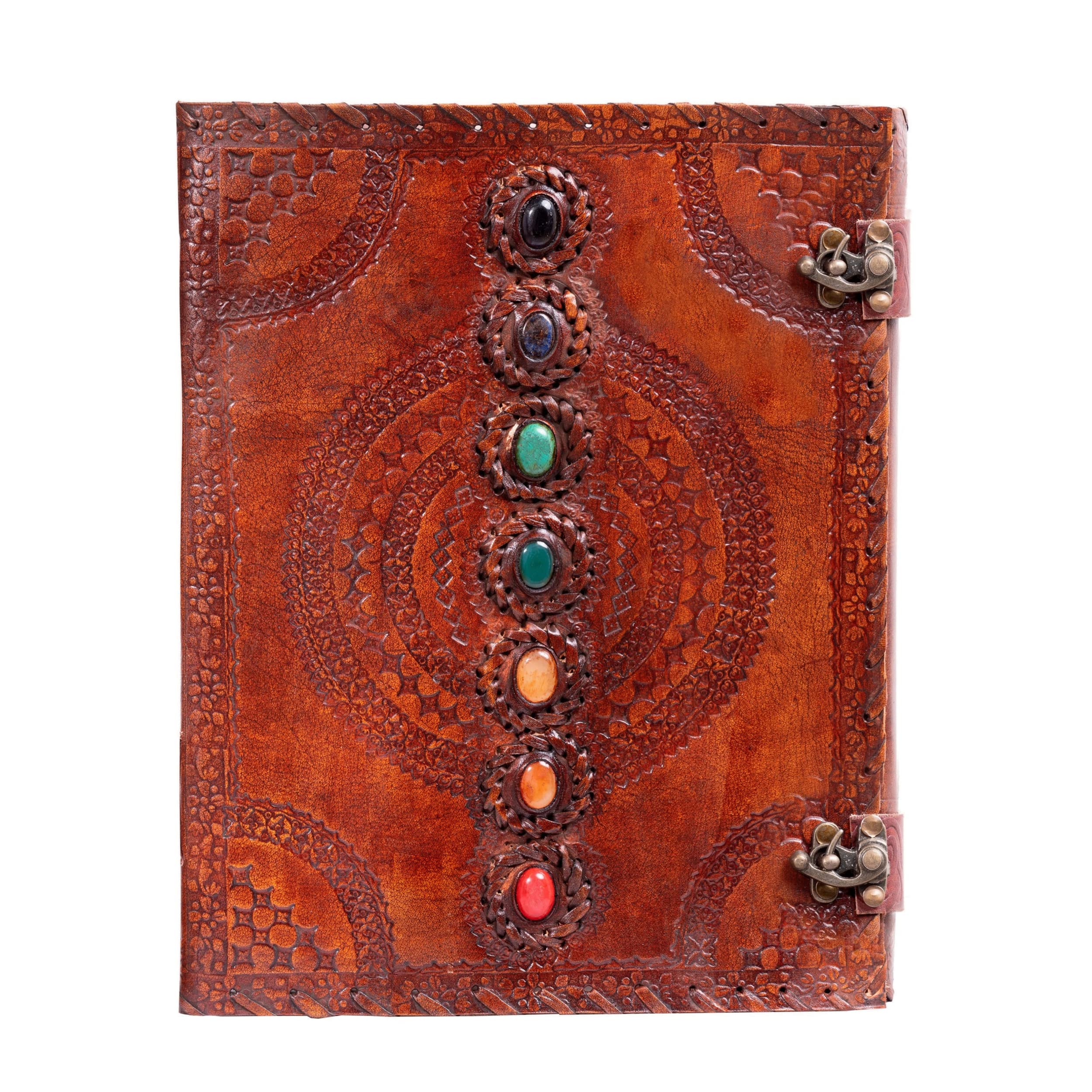 Hell Blues Leather Unlined Bound Journal 33cm x 25 cm X-Large Rustic Diary Seven Chakra Medieval 7-Stone Embossed Handmade Sketchbook Vintage Plain Notepad (200 Pages)