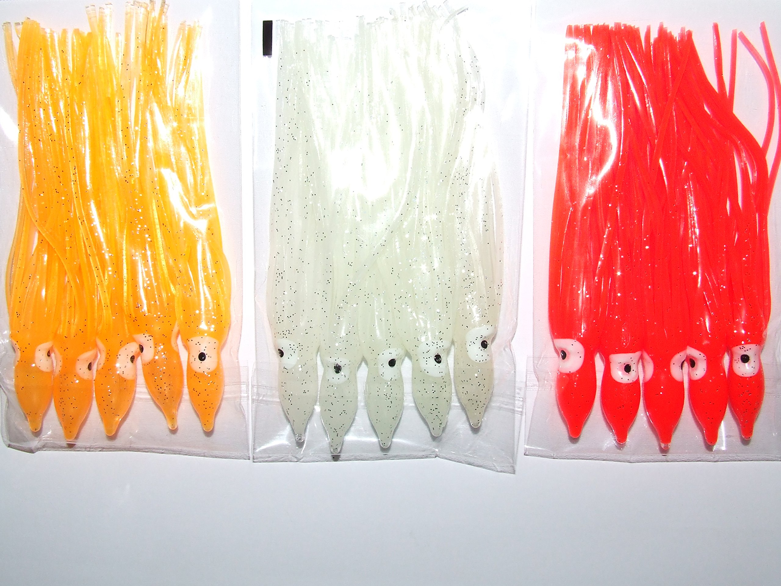 FFT SUPER CATCH LUMO, RED, ORANGE SPARKLE SQUID MUPPET LURES 12cm x 15 BOAT WRECK NORWAY BASS COD SEA FISHING