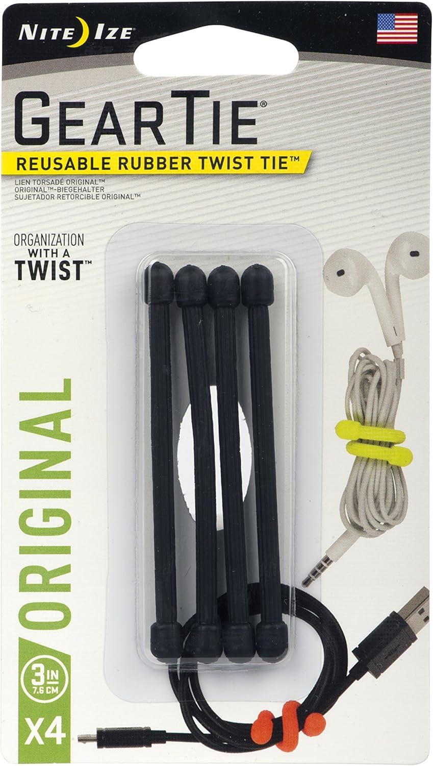 Nite Ize Original Gear Tie, Reusable Rubber Twist Tie, 3Inch, Black, 4