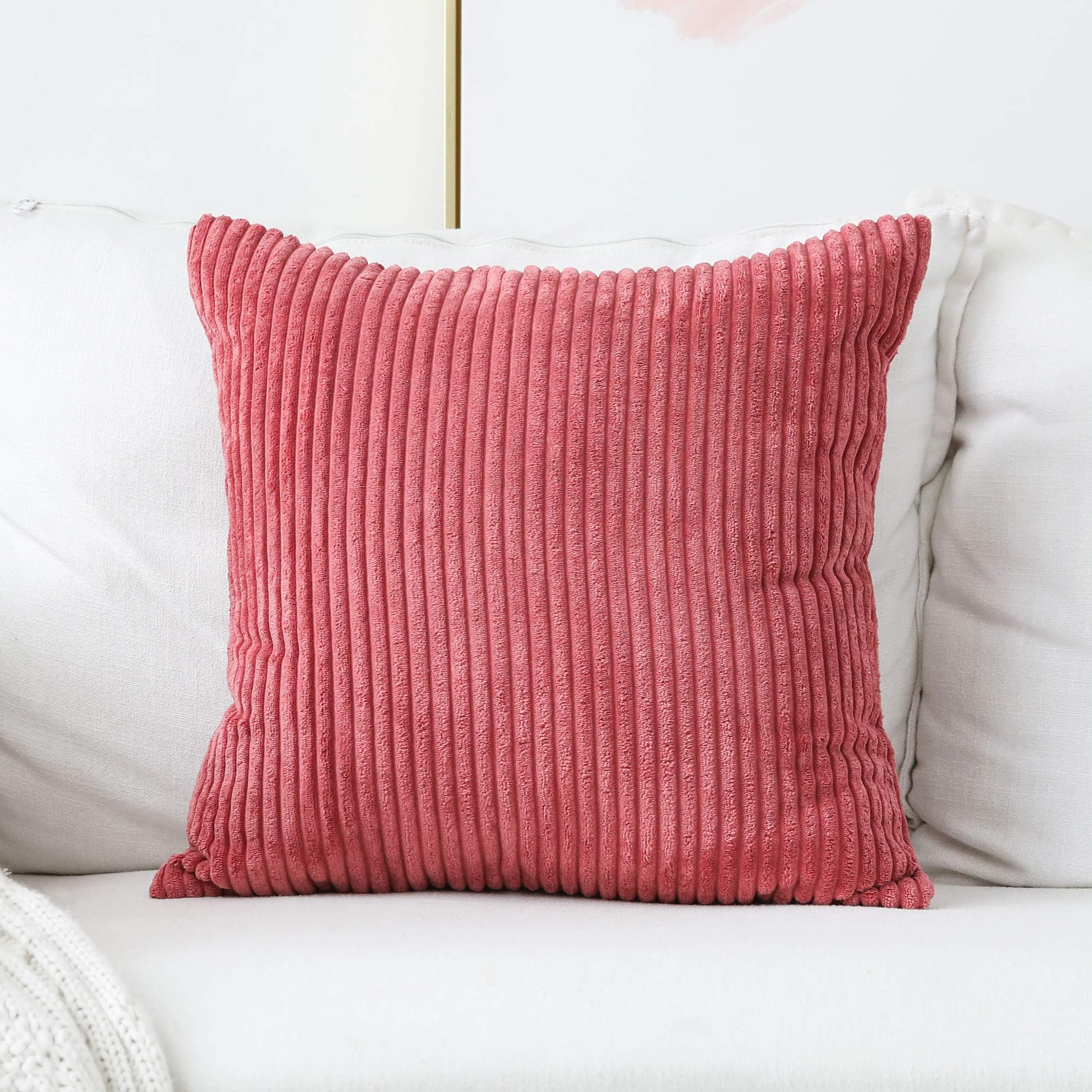 Home BrilliantPink Throw Pillows for Bedroom Striped Velvet Corduroy Euro Sham Large Pillow Case for Sofa, 24 x 24 inch (60cm), Dry Rose Pink