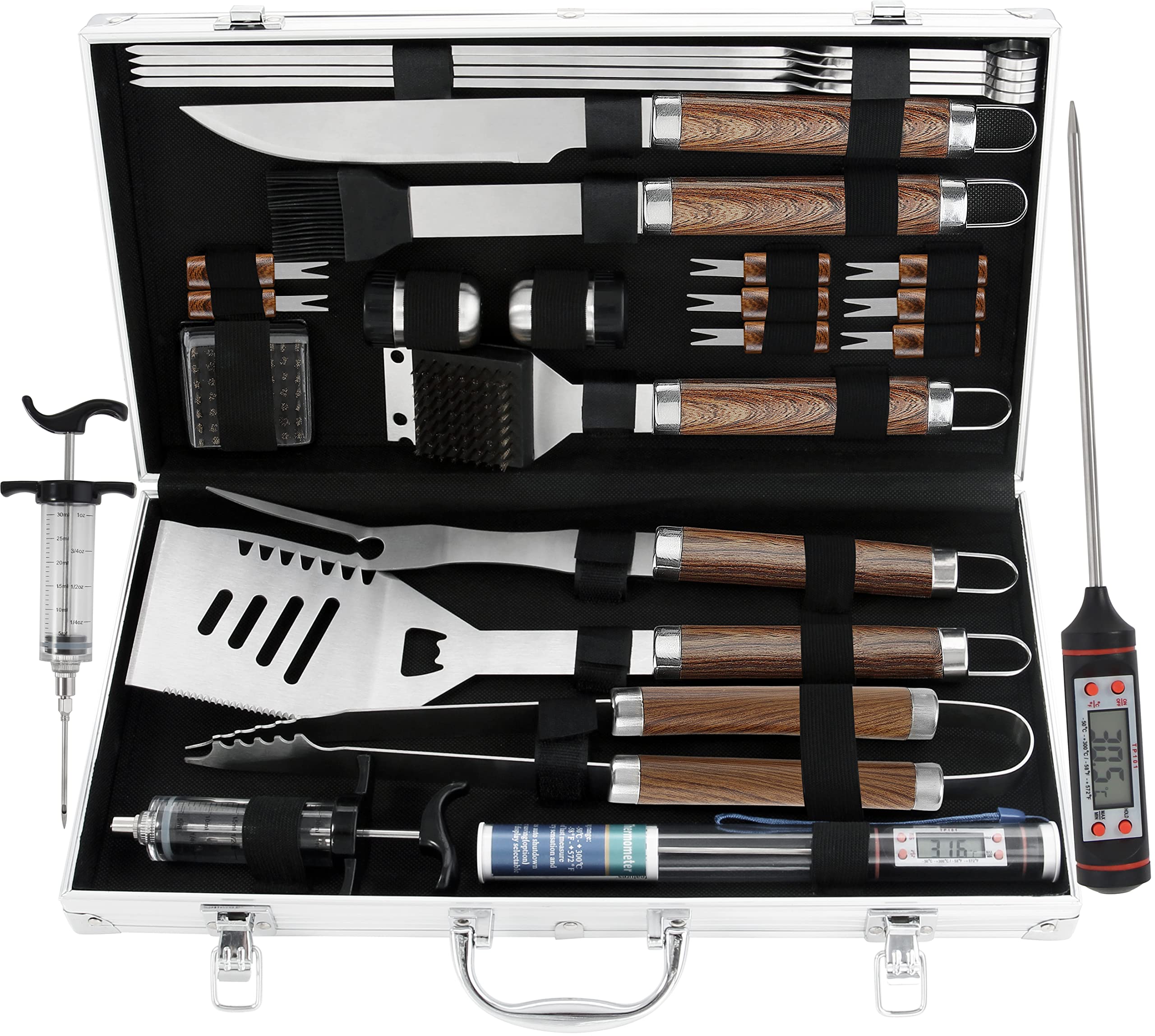 grilljoy 24PCS BBQ Grill Tools Set with Meat Thermometer and Injector ...