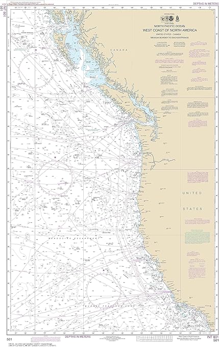 Amazon Com Noaa Chart 501 North Pacific Ocean West Coast Of North America Mexican Border To Dixon Entrance 42 48 X 26 16 Laminated Map Sports Outdoors