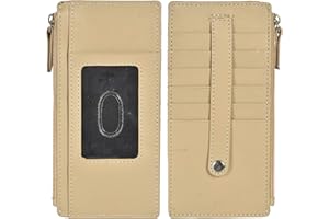 LB LEATHERBOSS Leatherboss Genuine Leather Women's All in One Credit Business Card Case Holder Slim Zipper Wallet With a Card Protection Strap, Beige
