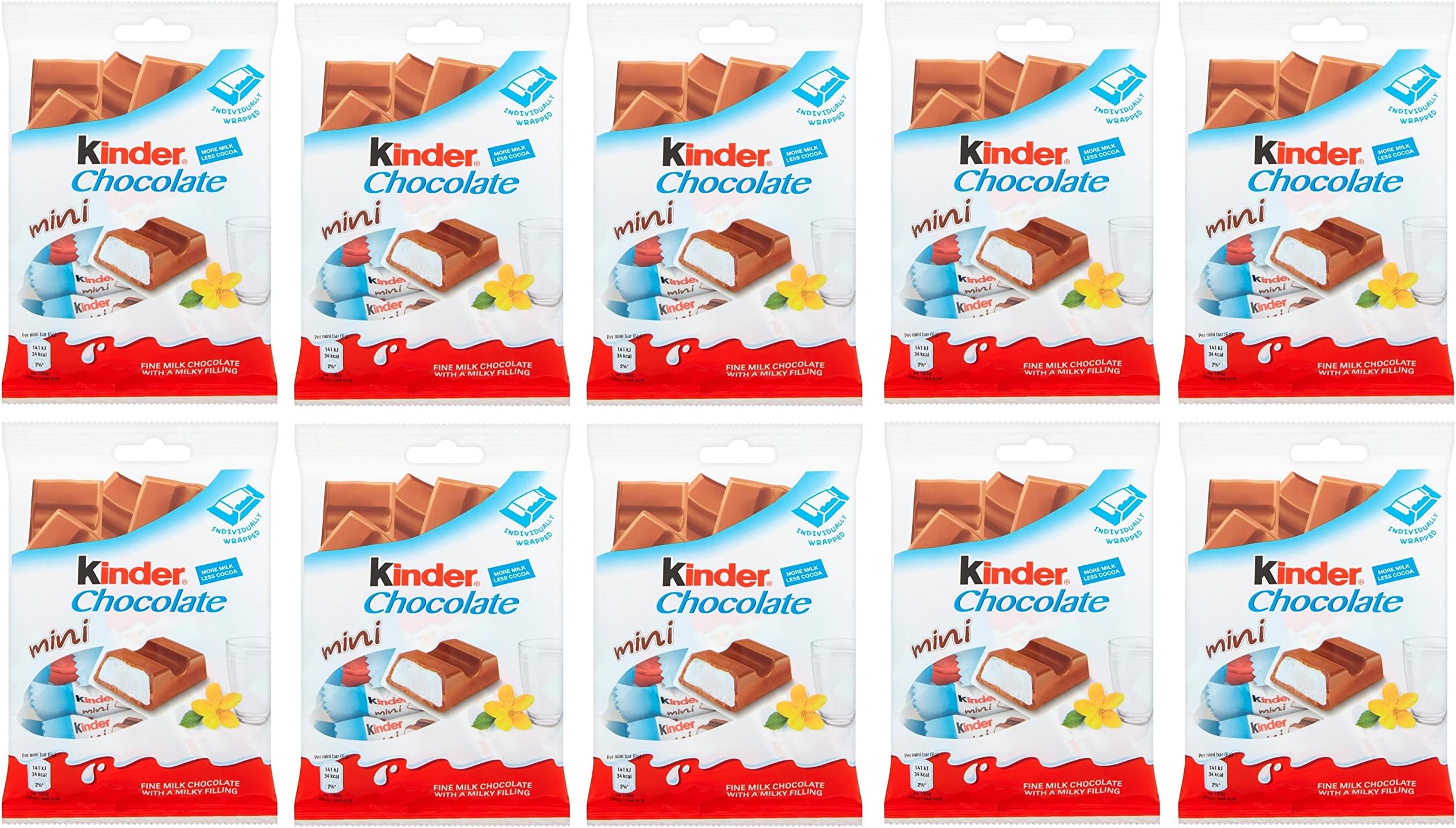 Kinder Chocolate Mini Bars With Milky Filling, Packs of 72g - Set of 10