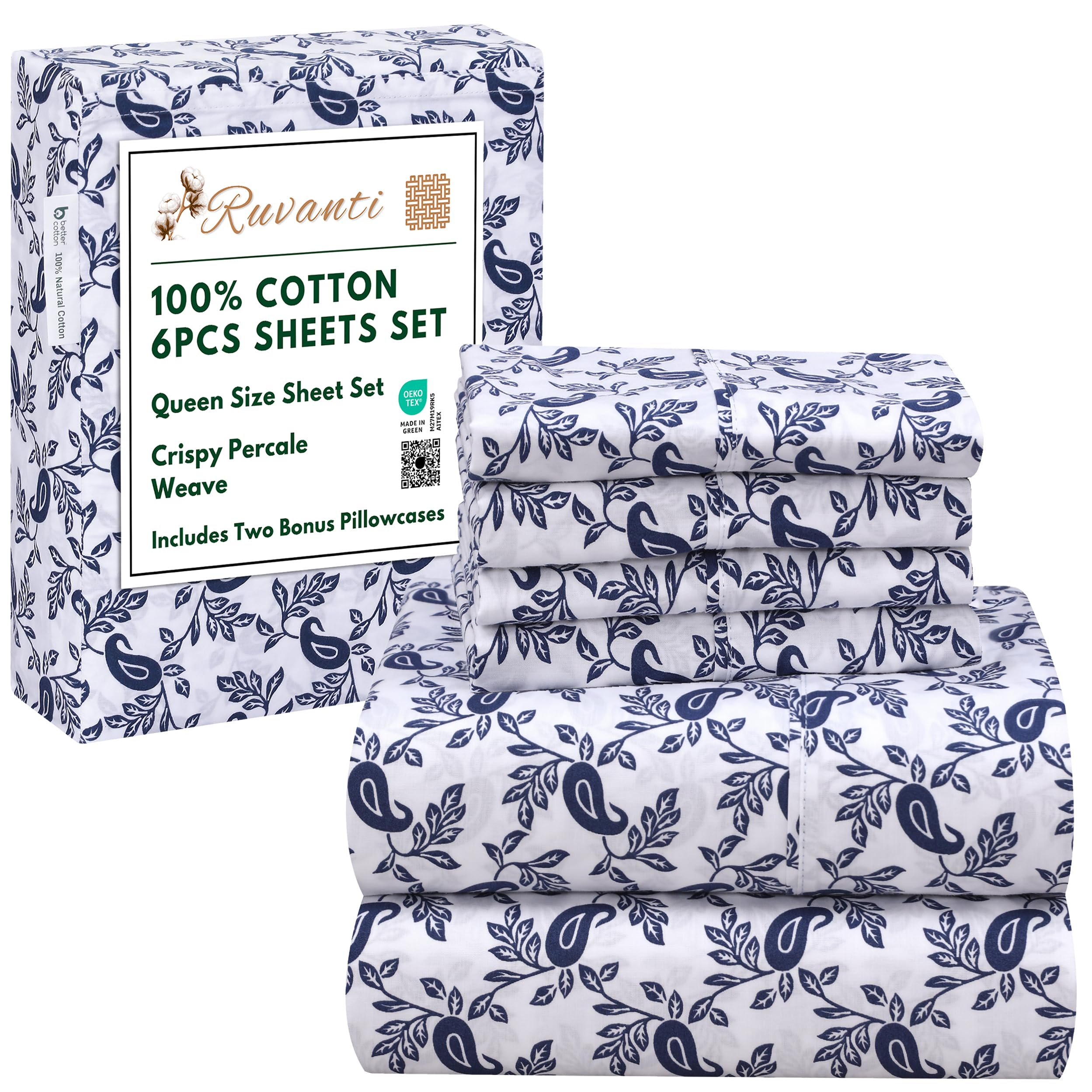 Photo 1 of RUVANTI 6 Pcs Cotton Sheets - 100% Natural Cotton Soft, Lightweight & Breathable Crispy Percale Bed Sheets, Queen Sheet Set 16" Deep Pockets, Paisley Ornament