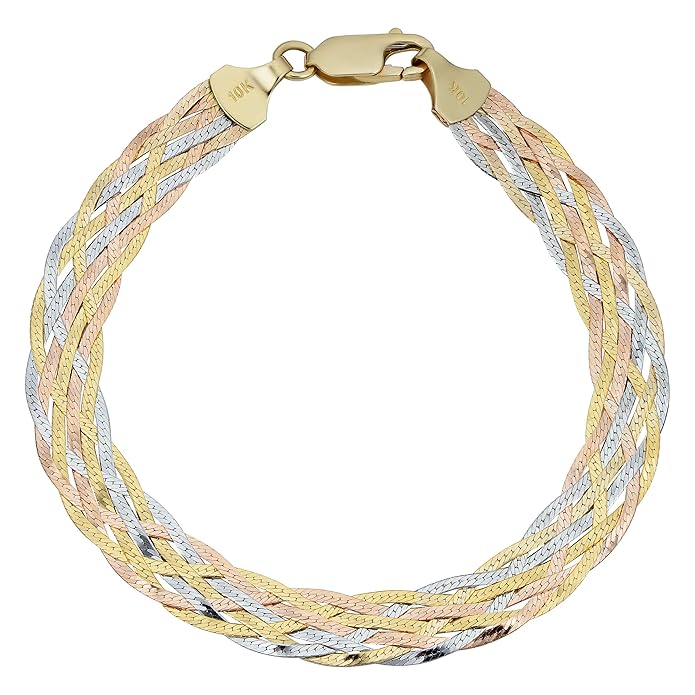 Kooljewelry 10k Tricolor Gold Braided Herringbone Bracelet