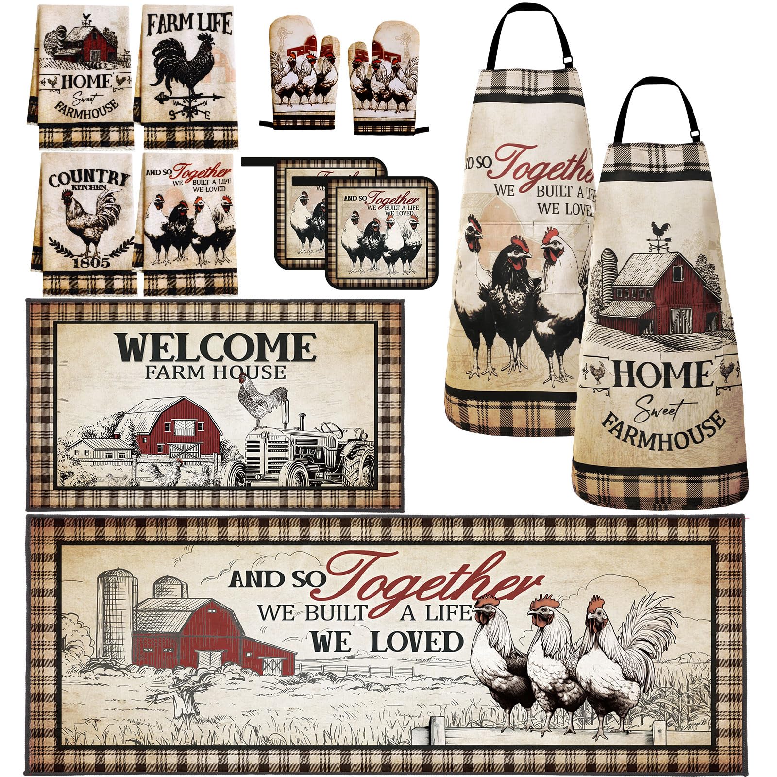 Photo 1 of Fourluoo 12 Pcs Farmhouse Kitchen Decor Set Rooster Kitchen Towels Rugs Apron Oven Mitts Pot Holders for Cooking Baking Grilling Mom Gift