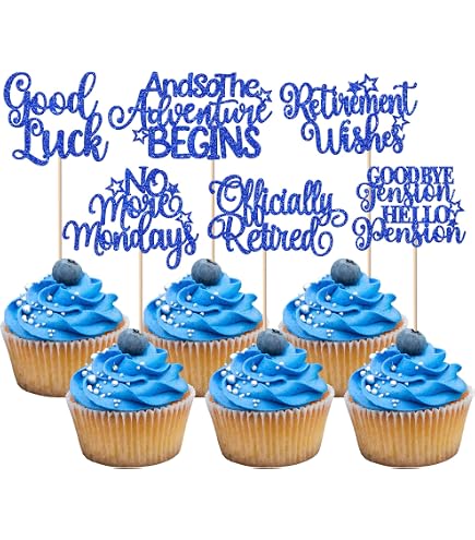 24 Stück Happy Retirement Cupcake Toppers – Glitzer-Blaue Deko Für Ruhestandsparty (4 Designs)