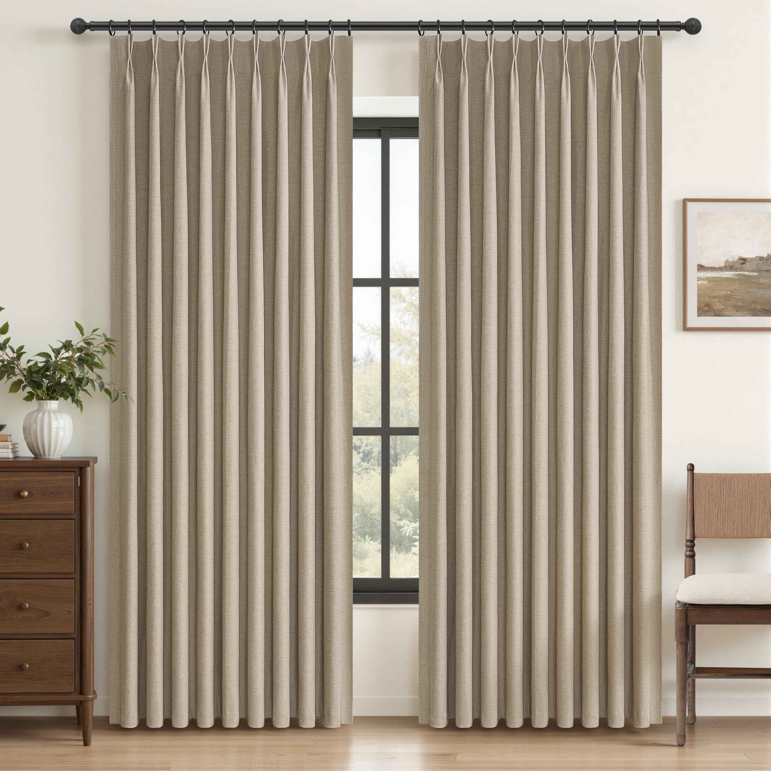 Photo 1 of Pinch Pleated Blackout Curtains 60 Inches Wide for Living Room, Room Darkening Linen Blend Tan Viral Large Window Curtain for Bedroom Thermal Soundproof GreyBeige Drapes (60"W x 96"L x 2Panels)
