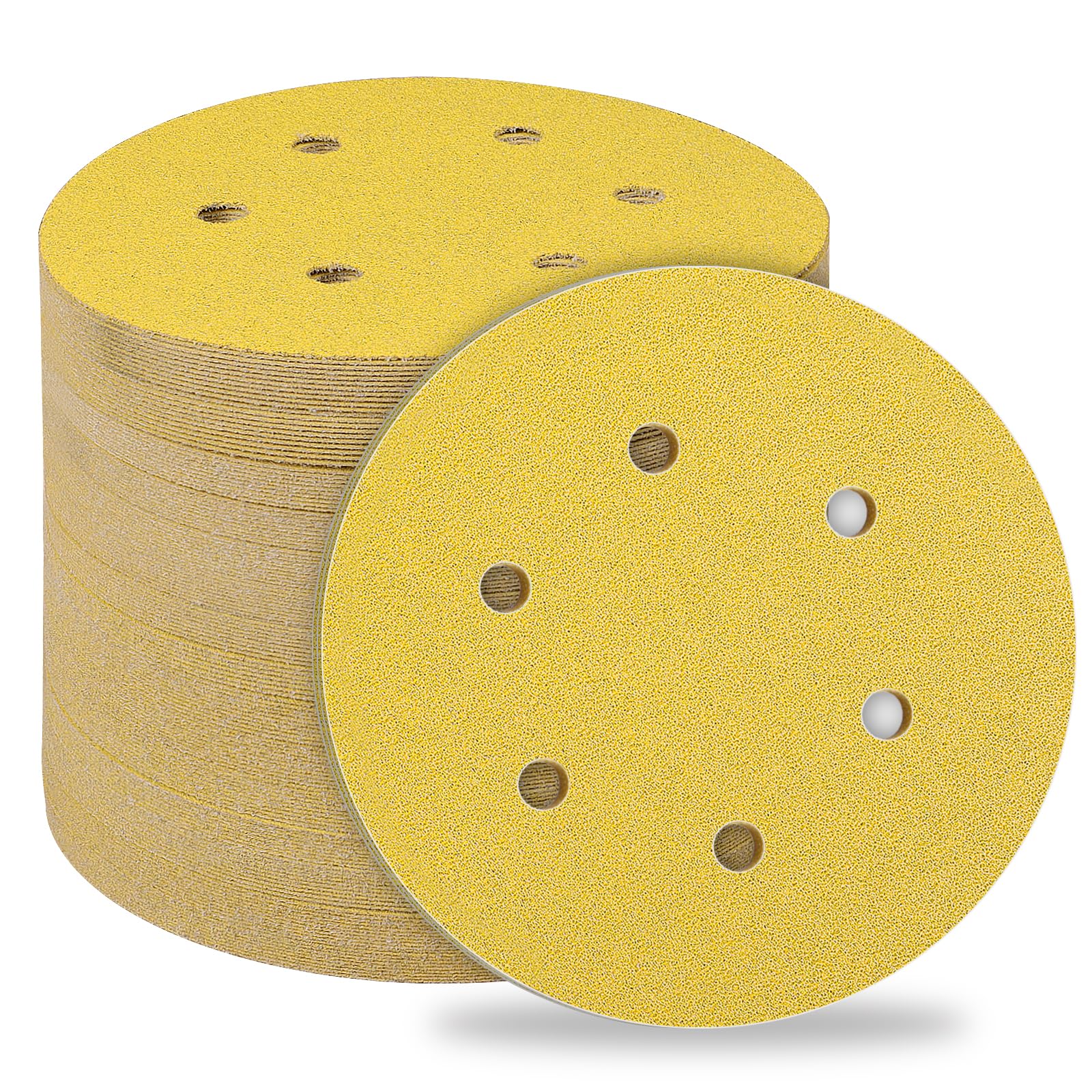 STEBRUAM 50pcs 150mm sanding discs,Sanding Discs Pads for Random Orbital Sander pads and All Oscillating Tools,Yellow sanding discs Hook and Loop 60 Grit 6 Hole 6 Inch Round — image 1