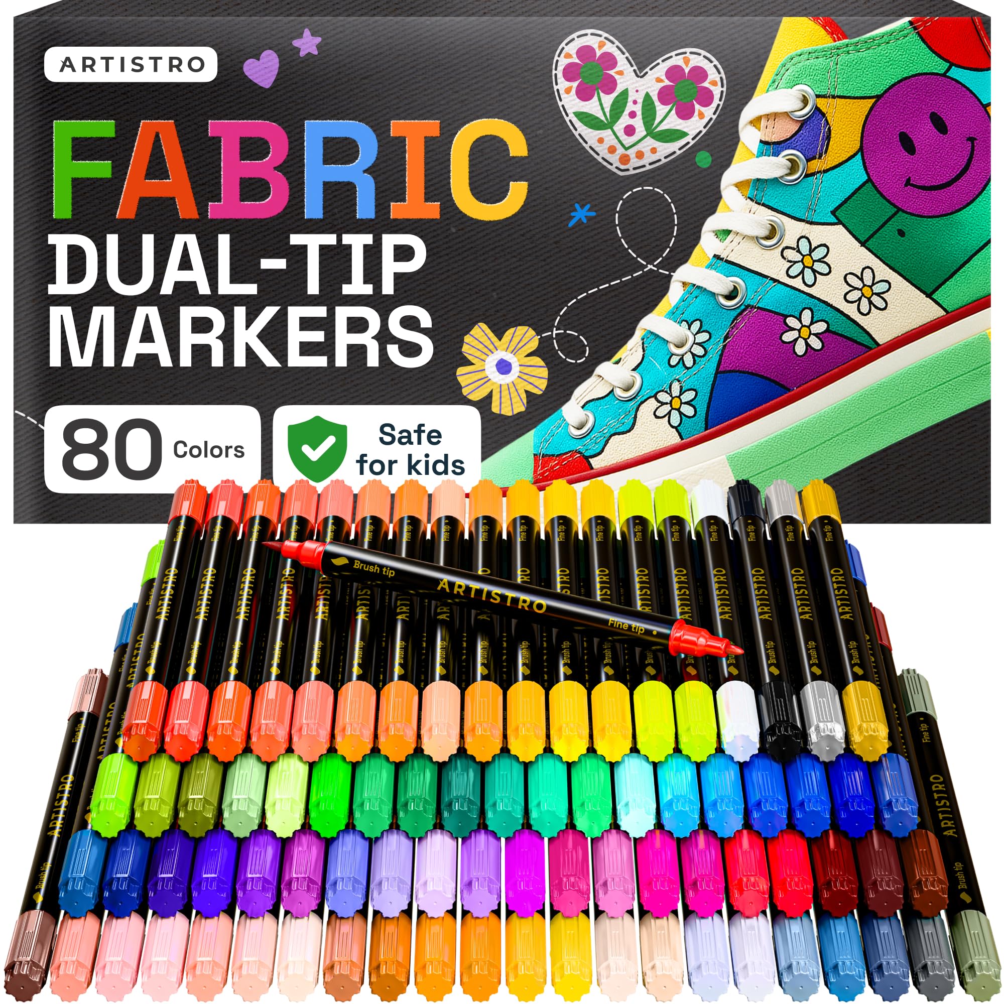 ARTISTRO 80 Dual-Tip Fabric Markers - Fabric Decorating Kit - Permanent for Clothes - No Bleed Pens for T-Shirts, Bags, Textile, Canvas, and More (Brush Tip and Fine Tip) Image