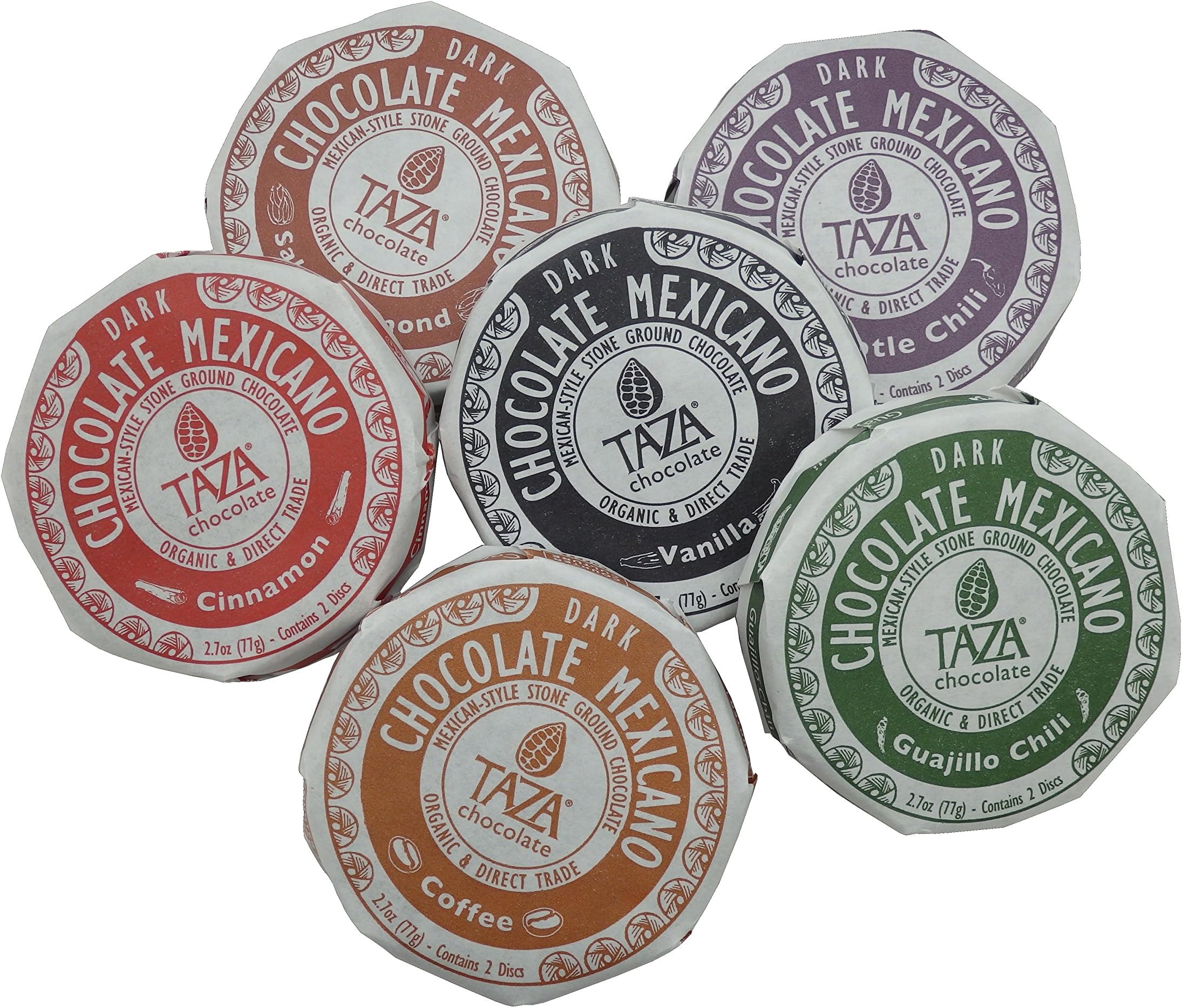 6 Taza Chocolate Mexicano Discs Variety Pack Gift Pack Salted Almond, Coffee, Cinnamon, Vanilla, Chipotle and Guajillo Chili Dark Chocolate Discs - Made in Boston