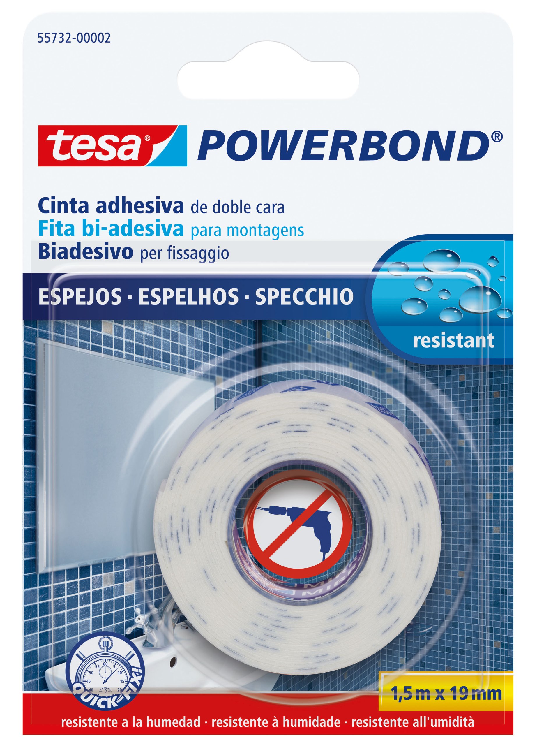 Tesa 55732-00002-02 Powerbond Biadhesive Strong Ribbon for Mirrors, 1.5 m 19 mm