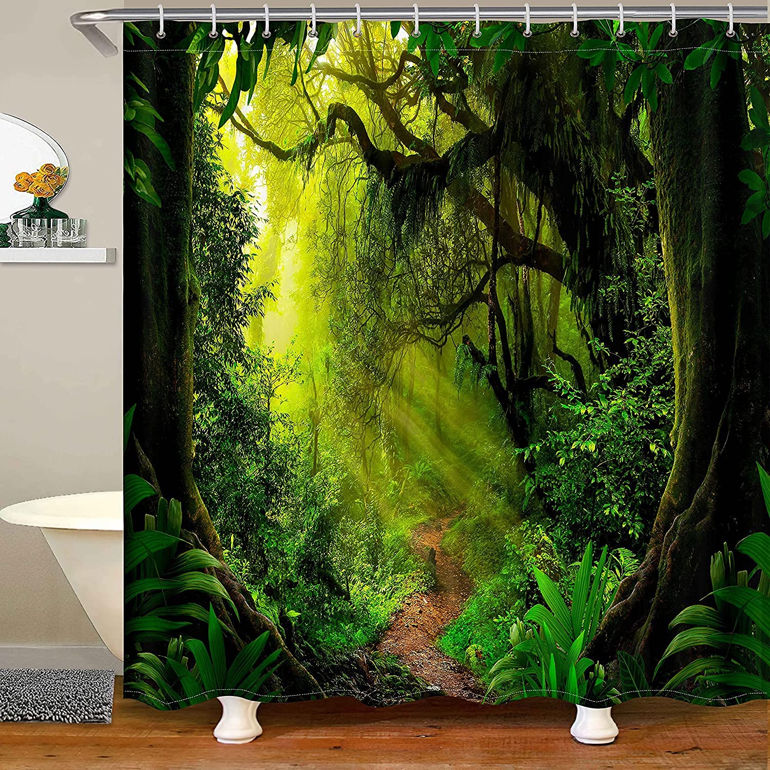 Loussiesd Woodland Shower Curtain Kids Teens Woodland and Pathway Foliage Trunk Greenery Bath Curtain with 12 Hooks Bathroom Decor Yellow Green Shower Curtain Set for Stalls Bathtubs,180x240cm