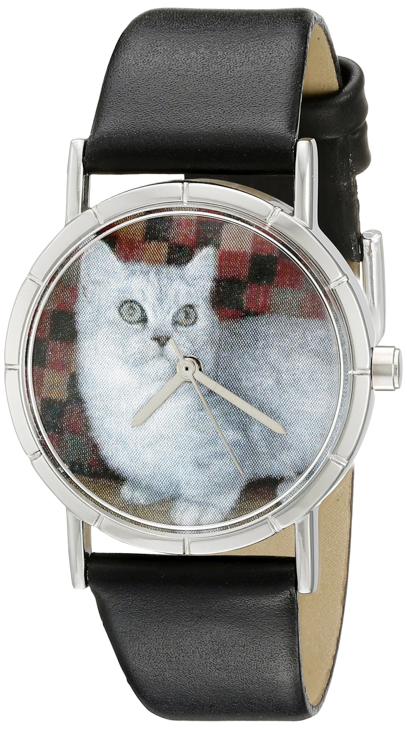 Whimsical Watches Munchkin Cat Black Leather and Silvertone Photo Unisex Quartz Watch with White Dial Analogue Display and Multicolour Leather Strap R-0120047