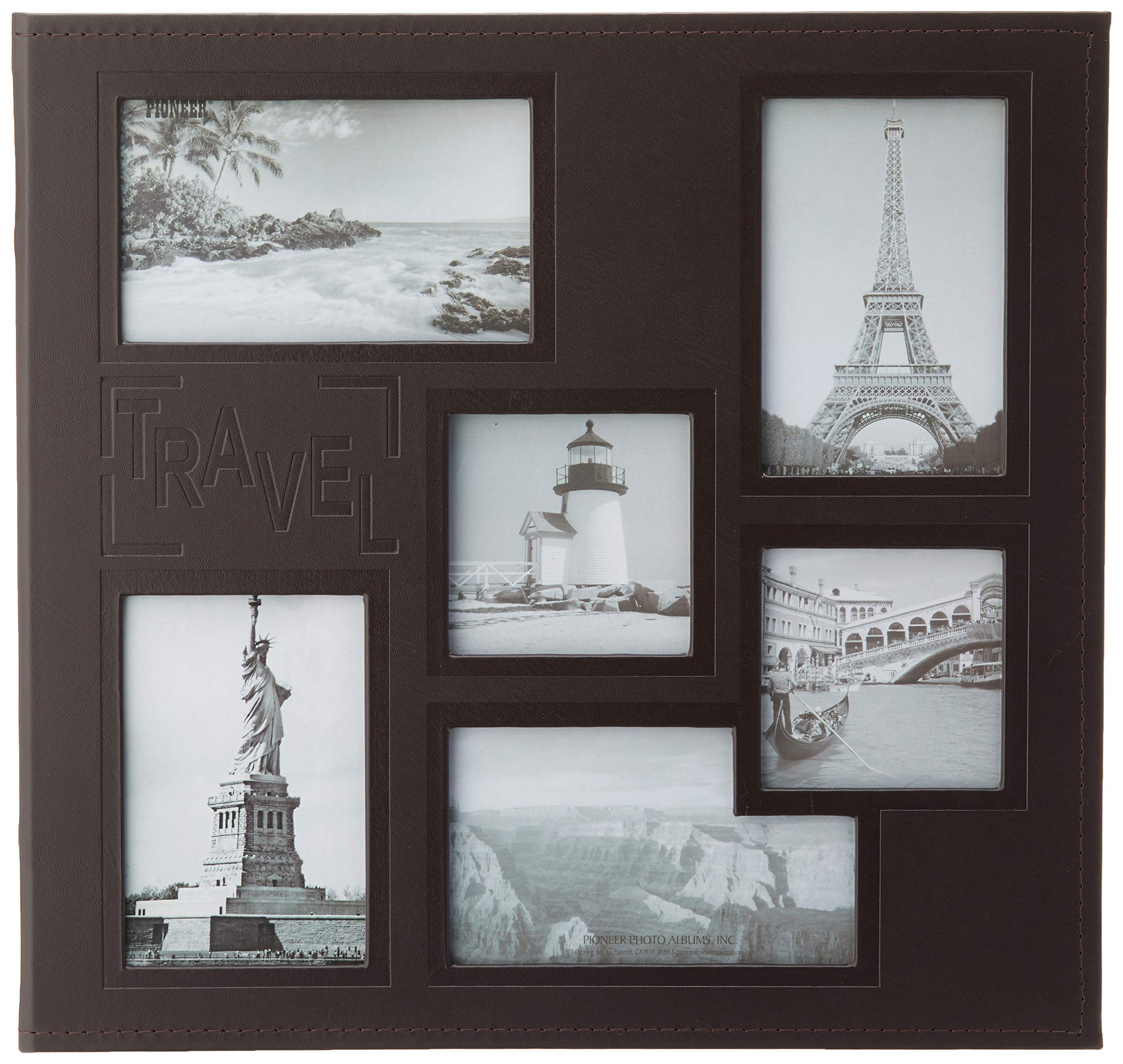 Pioneer Photo Albums EZ Load Memory Album - 12 x 12-20 Top Loading Pages - Embossed Sewn Leatherette Collage Frame - Travel - Brown,