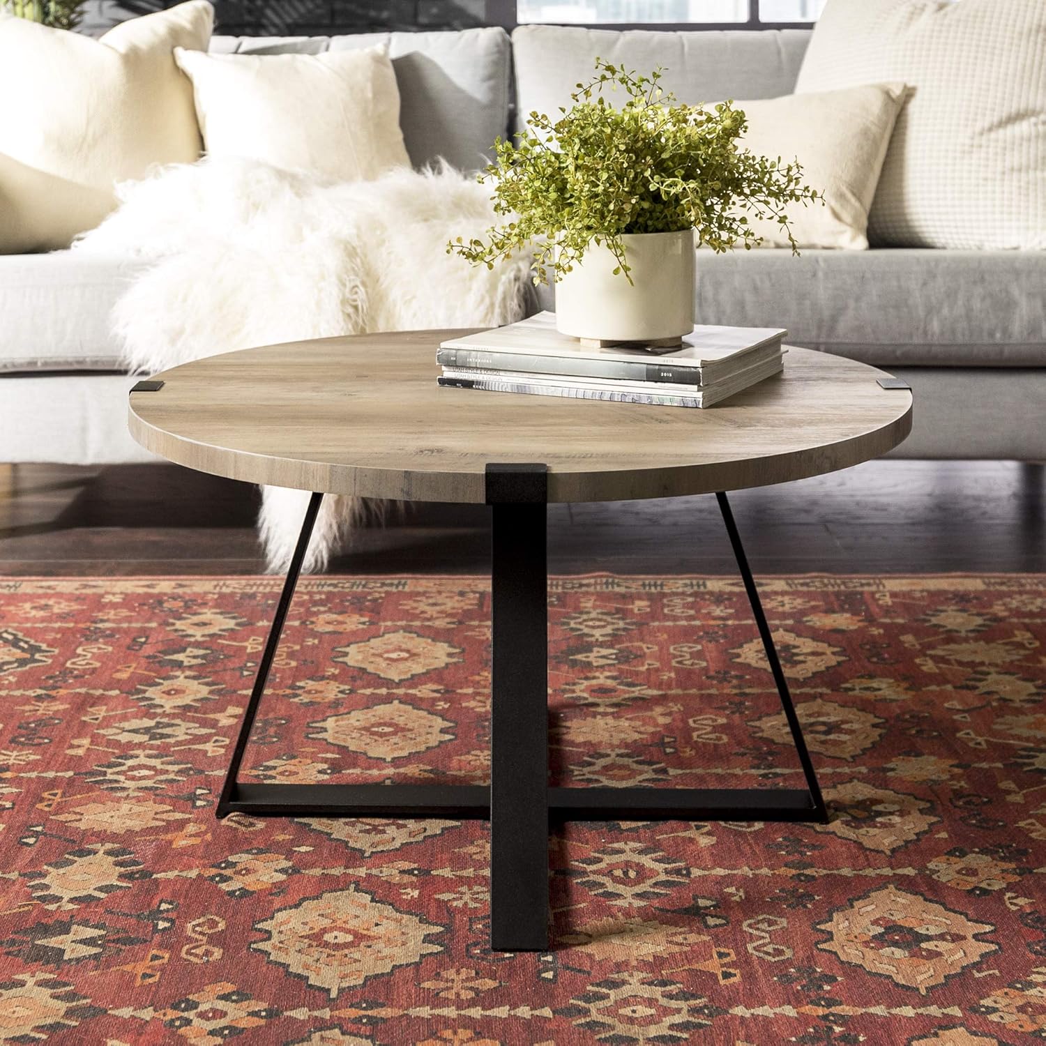 WE Furniture Rustic Farmhouse Round Metal Coffee Accent Table Living Room, 30 Inch, Grey, Black: Furniture & Decor