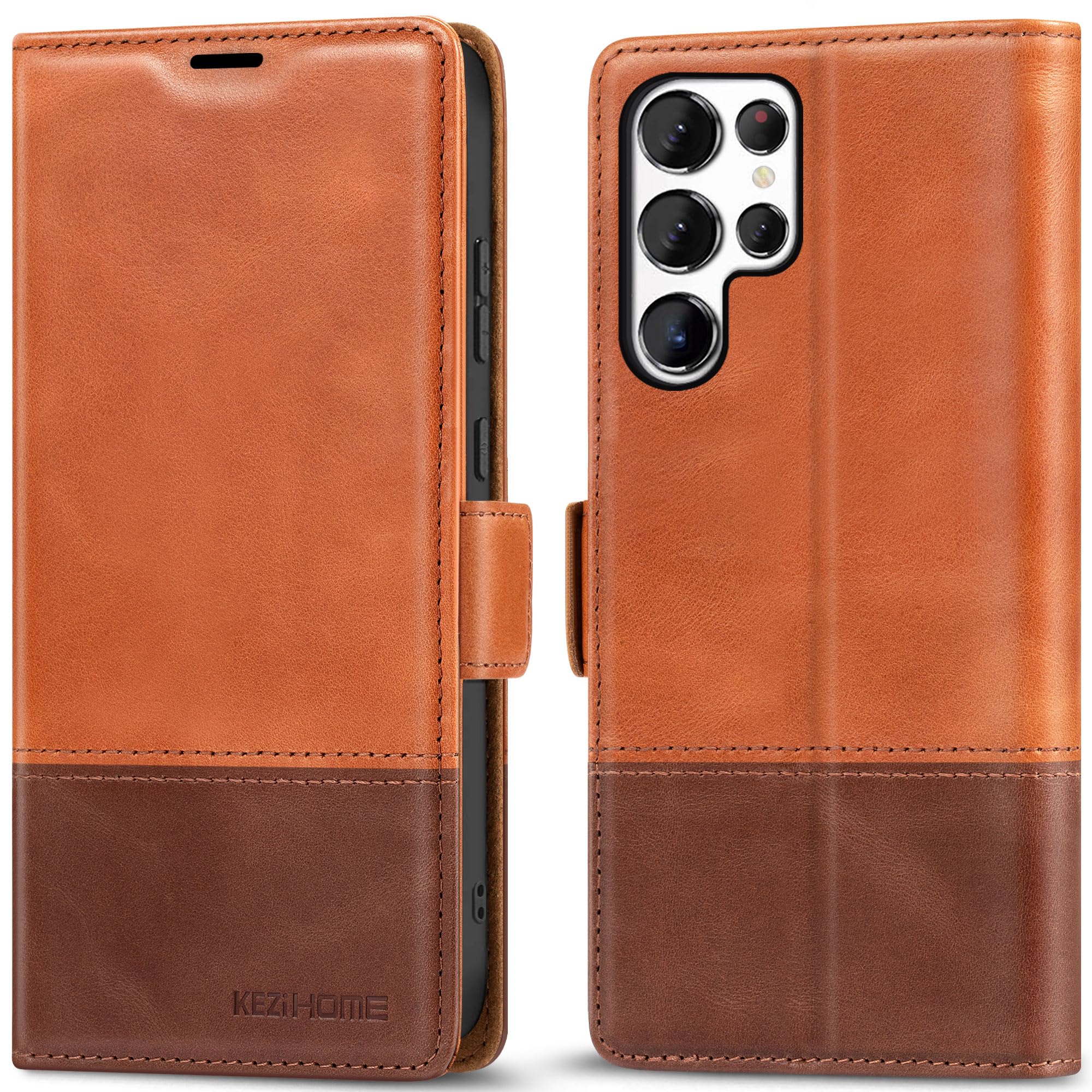 KEZiHOME for Samsung Galaxy S25 Ultra Case, Genuine Leather [RFID Blocking] Galaxy S25 Ultra Wallet Case, Card Slot Flip Magnetic Stand Phone Cover Compatible with Samsung S25 Ultra (Khaki/Brown)