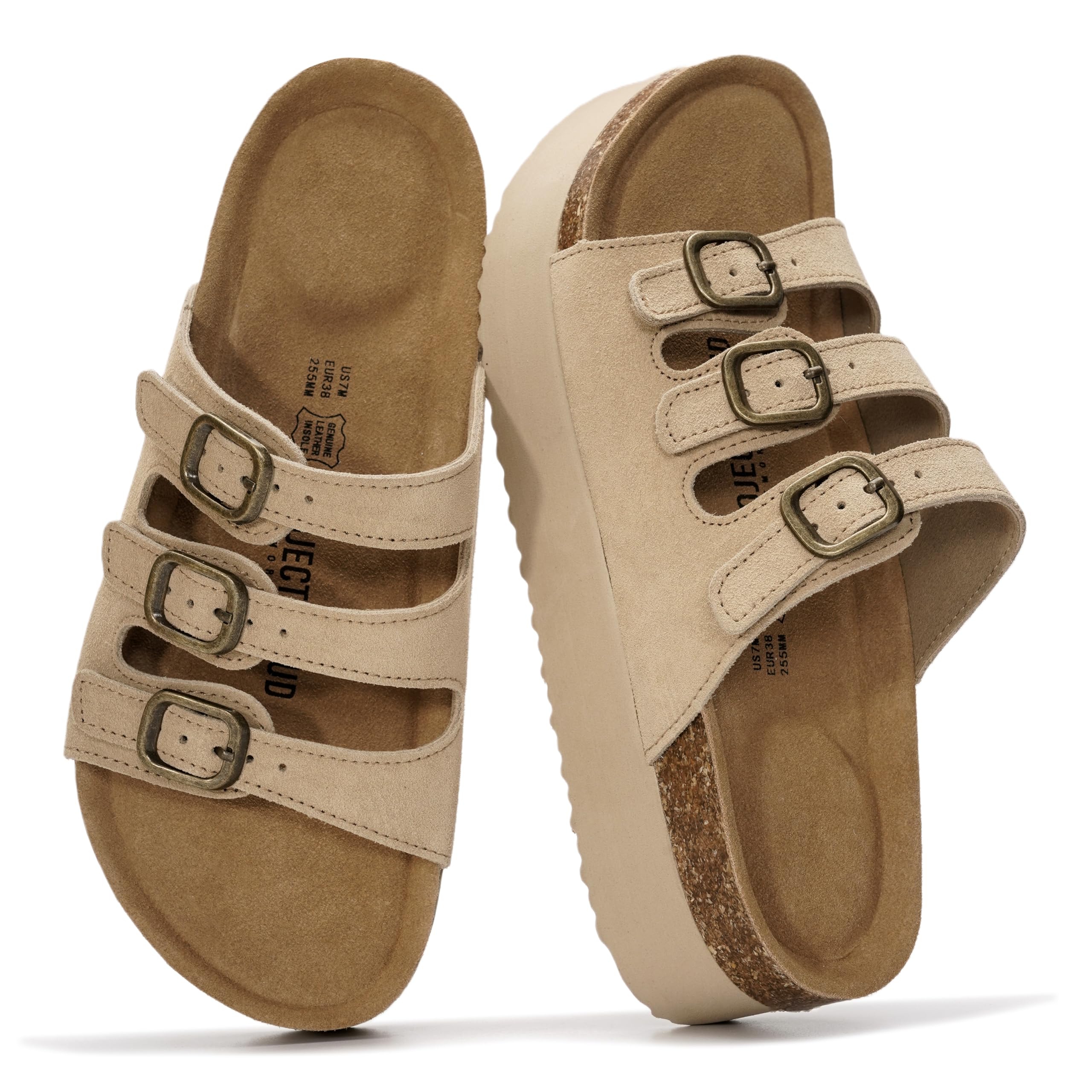 Project Cloud 100% Genuine Leather Platform Sandals Women Footwear - Comfortable Womens Slides Memory Foam Insole - Non Slip Water-Resistant 3-Strap Wedge Sandals for Women 2026 (Dyan, Nude, 7.5) Image